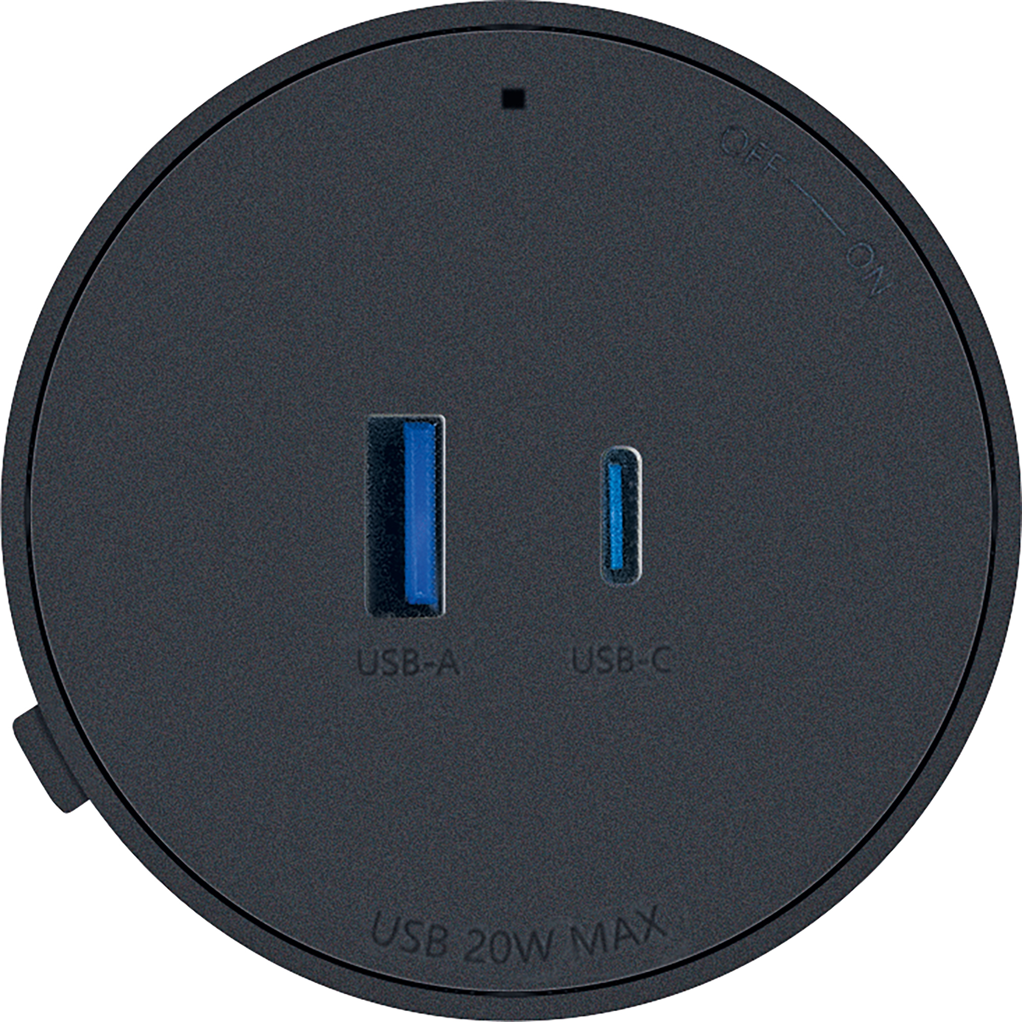 Ein schwarzes, rundes USB-Ladegerät mit USB-A- und USB-C-Anschlüssen, beschriftet, mit 'OFF' und 'ON'.
