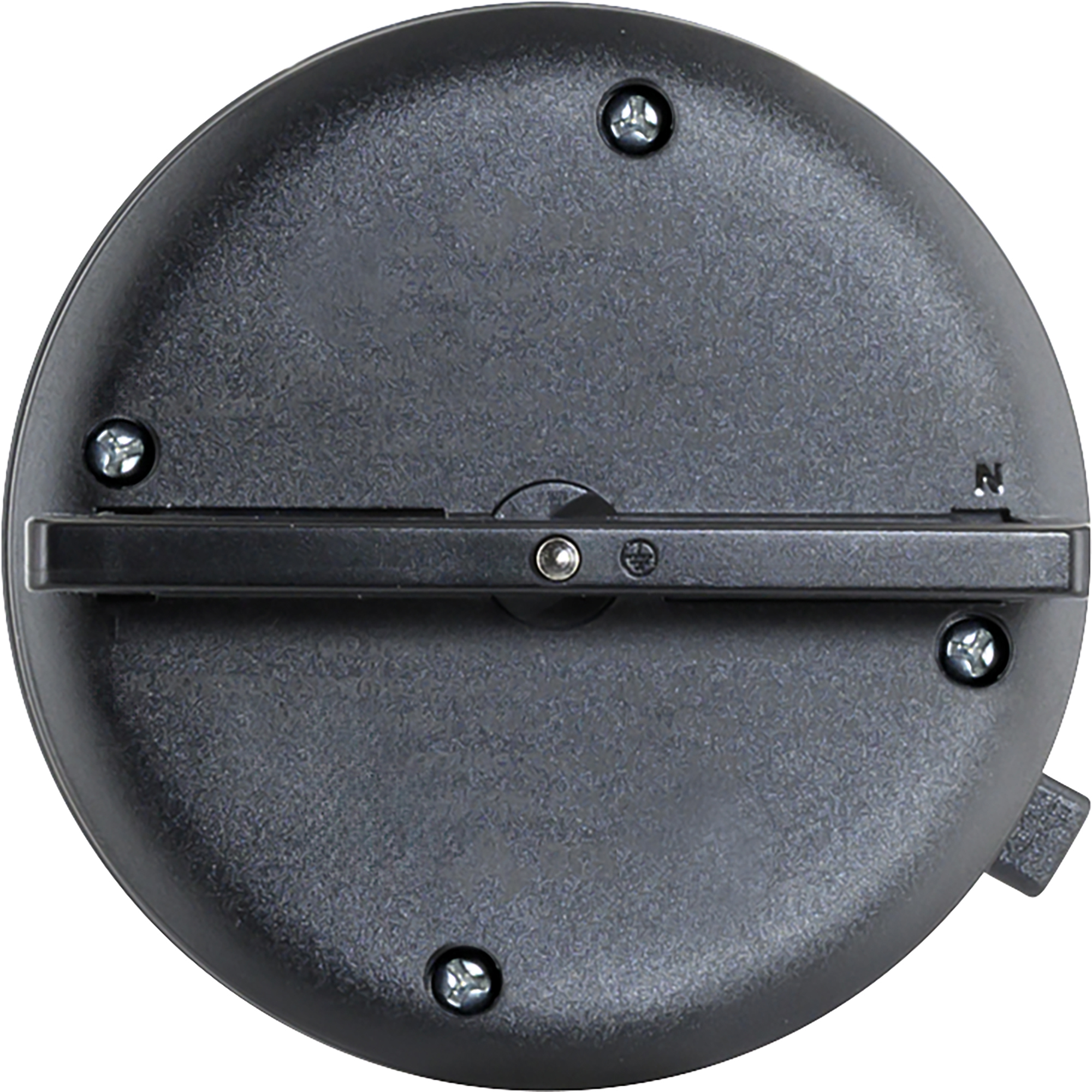 Ein schwarzes, kreisförmiges Bedienfeld mit Hebel und Schrauben. Das Feld hat eine strukturierte Oberfläche und einen zentralen Drehpunkt.