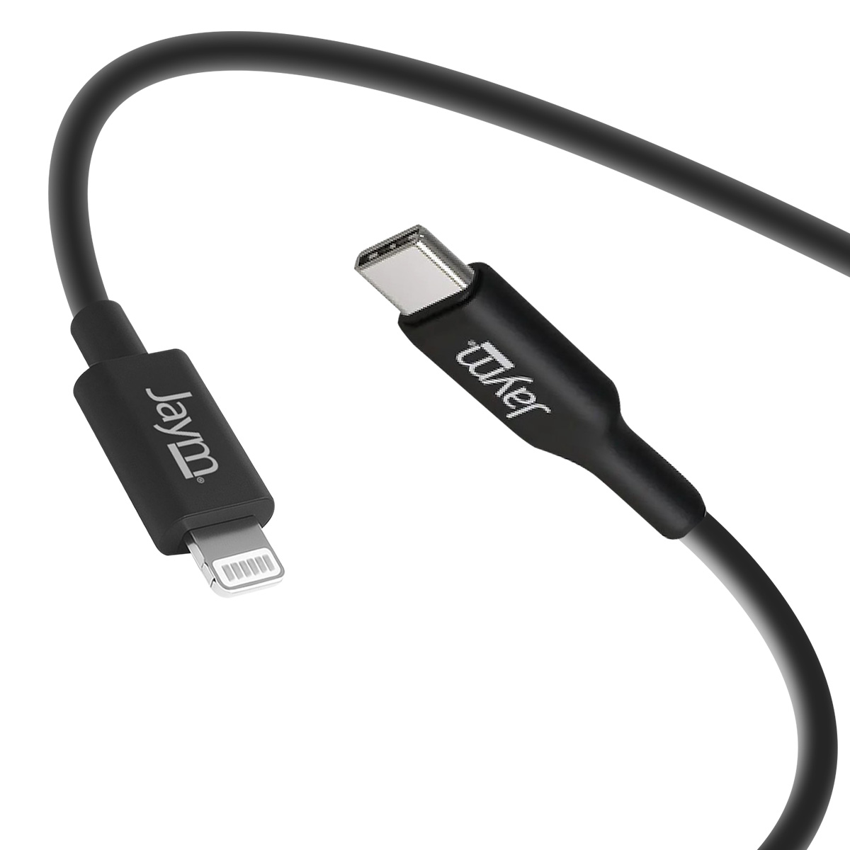 Câble de chargement Jaym noir avec connecteurs Lightning et USB-C. Logo Jaym blanc sur les deux connecteurs. Fond blanc.