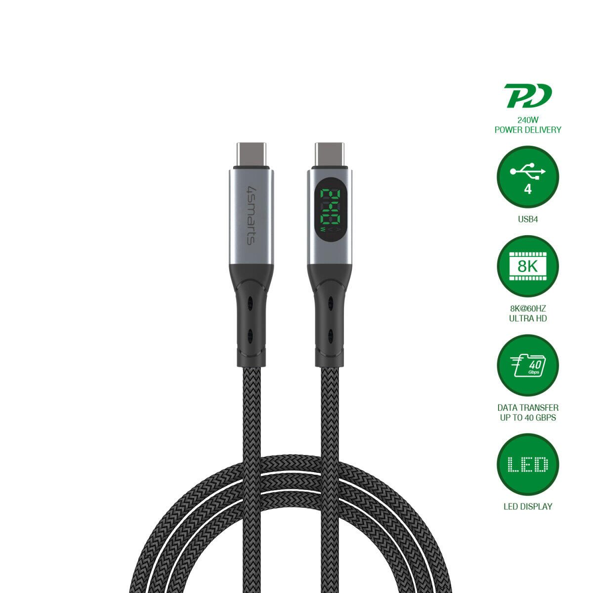Zwei USB-C-Kabel mit Display, umgeben von Symbolen für Stromversorgung, USB4, 8K und Datenübertragung.