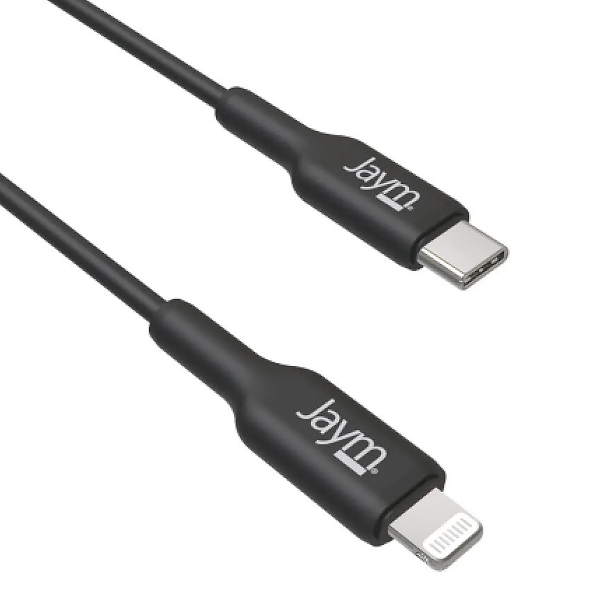 Deux câbles de charge noirs avec la marque 'Jaym'. L'un a un connecteur USB-C, l'autre un connecteur Lightning pour iPhone.