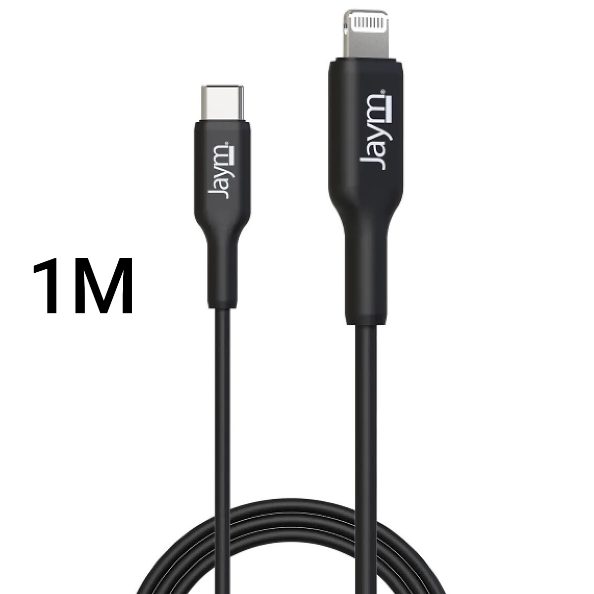 Câble de charge noir avec connecteurs USB-C et Lightning, étiqueté 'Jaym' et '1M'.
