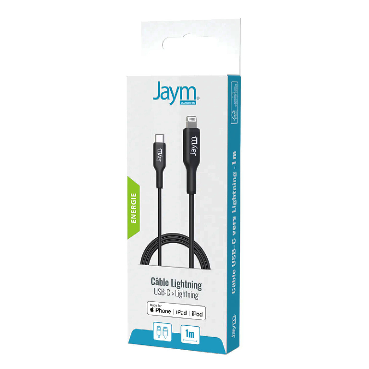 Un câble Lightning USB-C noir est dans son emballage. L'emballage porte le logo Jaym et indique qu'il est pour iPhone, iPad et iPod.