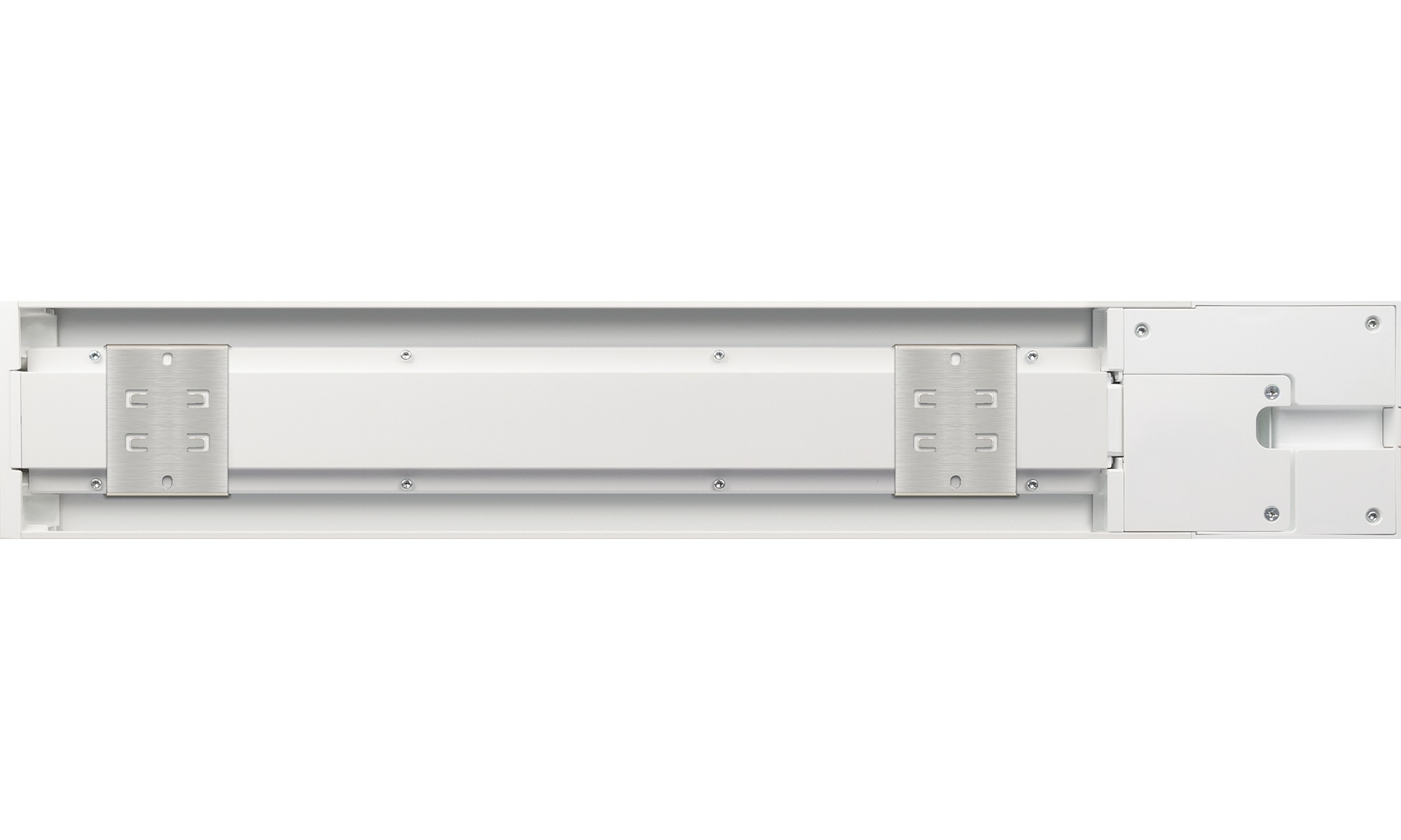 Ein weißes rechteckiges elektrisches Bauteil. Es hat Metallhalterungen mit Schraubenlöchern und einen Abschnitt auf der rechten Seite mit einem Loch.