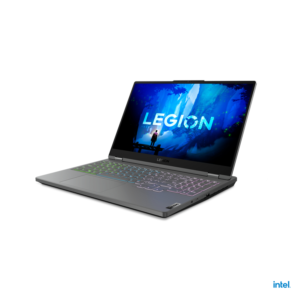 Ein grauer Lenovo Legion Laptop ist geöffnet und zeigt einen Bildschirm mit dem Wort LEGION. Die Tastatur ist farbig beleuchtet.