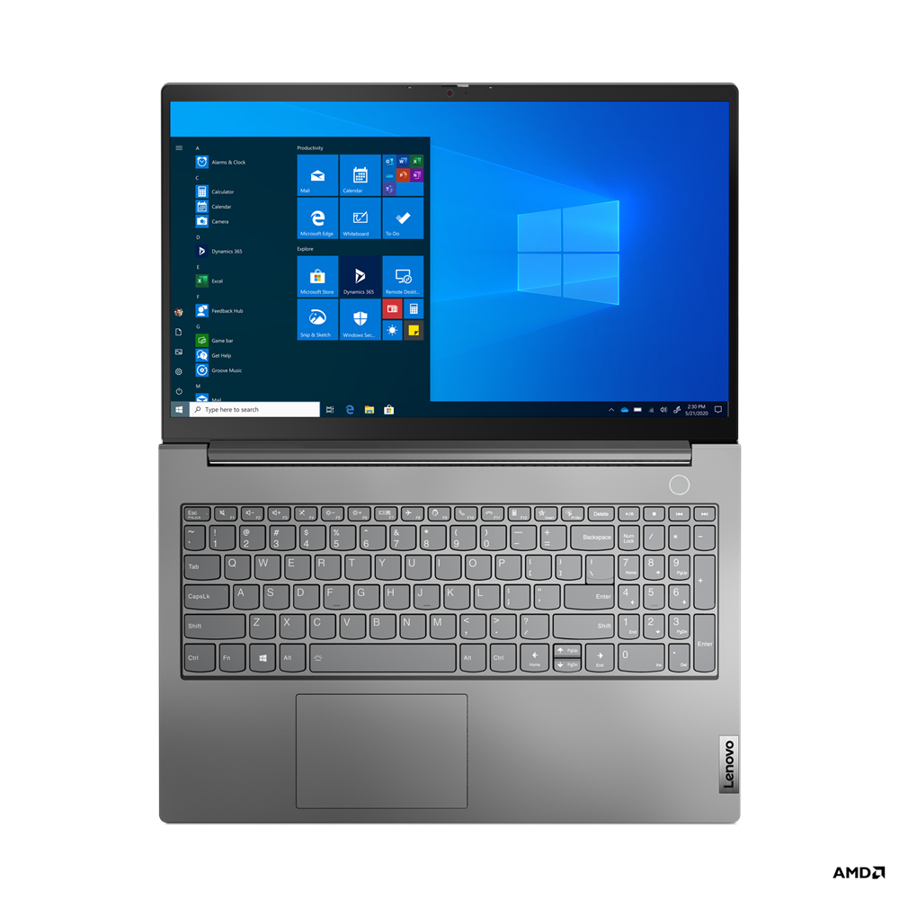 Een grijze Lenovo-laptop is opengeklapt en toont het Windows 10-startscherm met app-pictogrammen. Het toetsenbord is zichtbaar.
