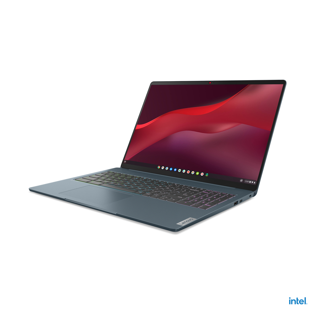Ein blaues Lenovo-Laptop ist geöffnet und zeigt einen rot-schwarzen Bildschirm. Die Tastatur ist sichtbar, und das Intel-Logo ist in der Ecke.