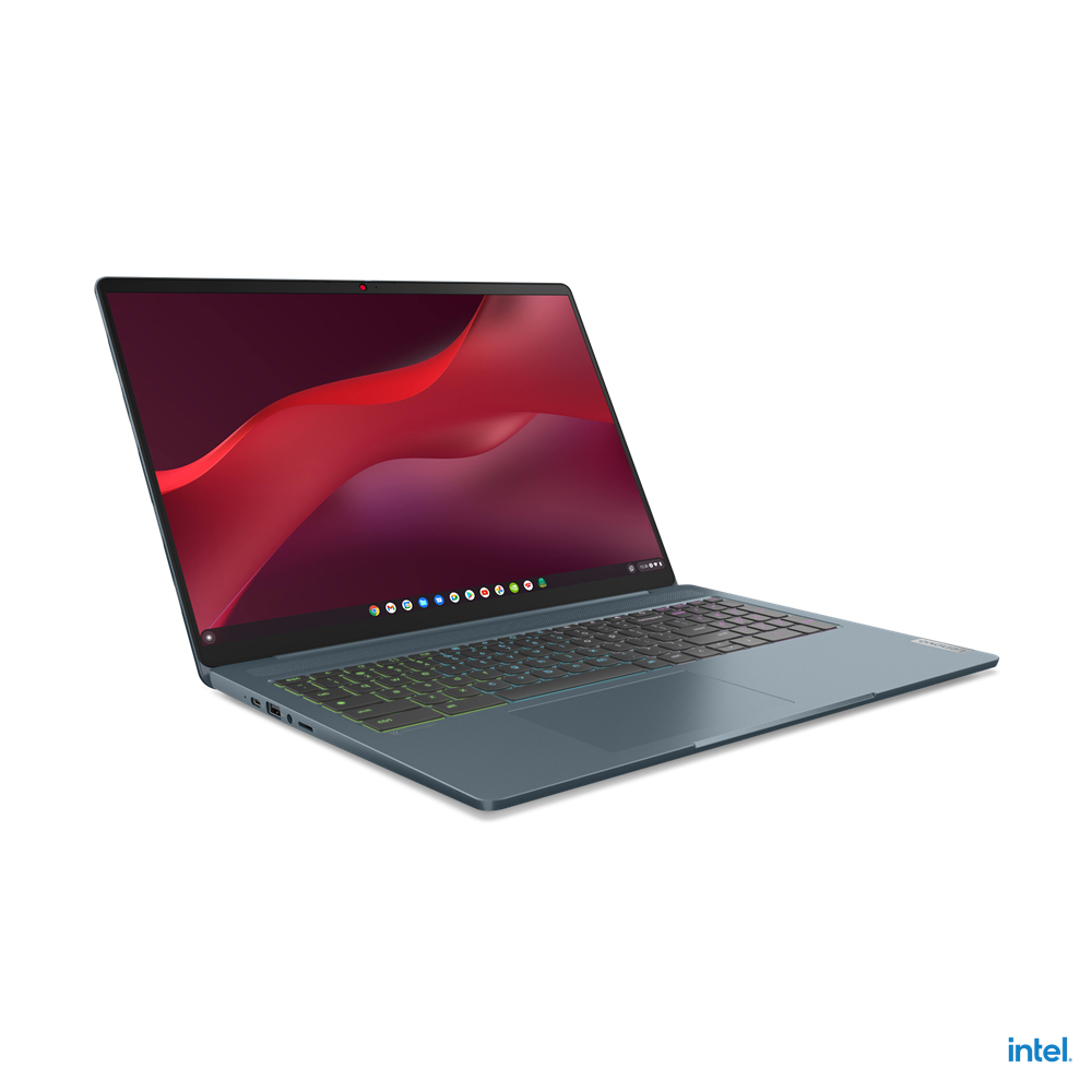 Ein tealfarbener Lenovo-Laptop auf weißem Hintergrund. Der Bildschirm zeigt ein abstraktes rotes und lilafarbenes Design. Die Tastatur ist sichtbar.