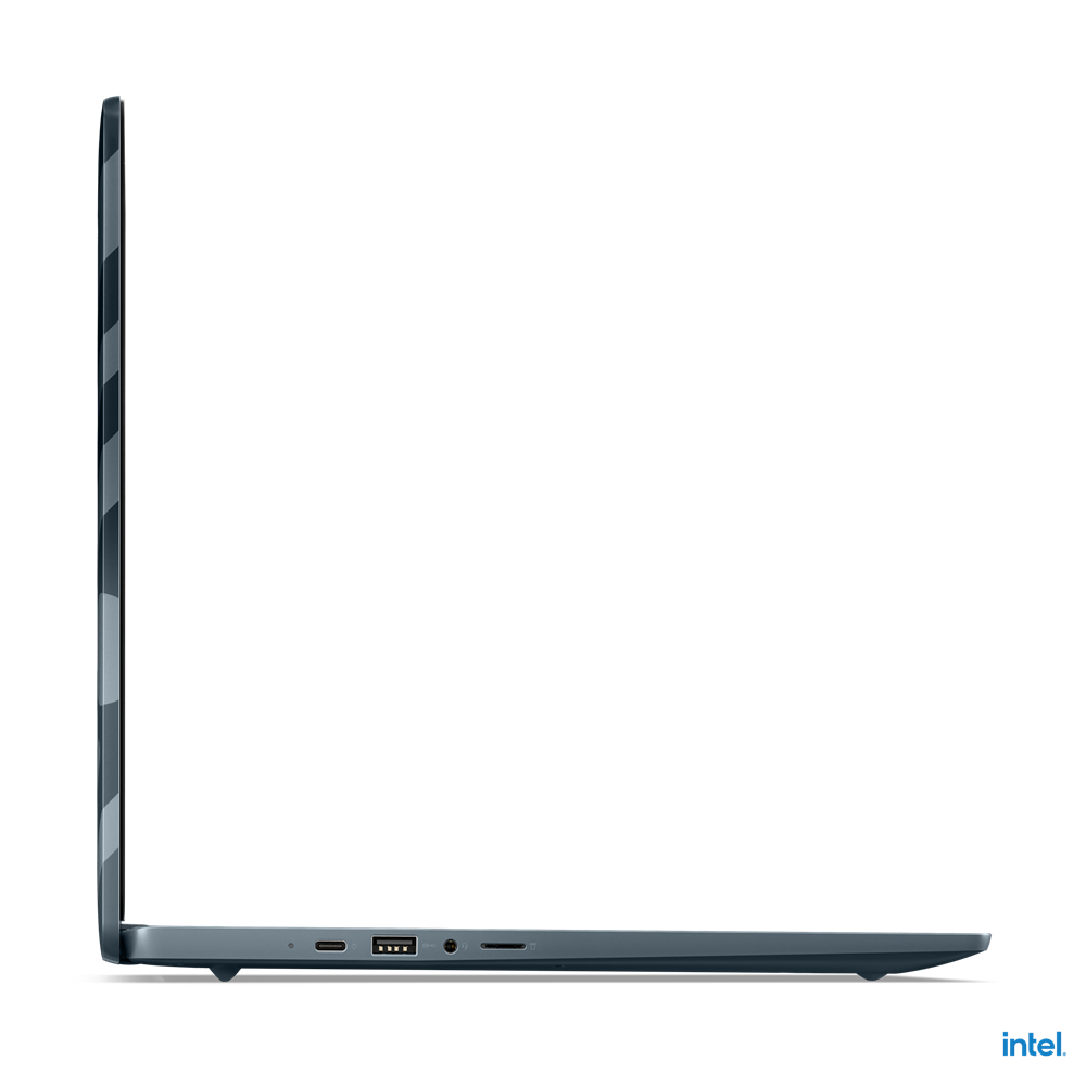 Seitenansicht eines tealfarbenen Laptops. Der Bildschirm ist geschlossen. Anschlüsse sind an der Seite sichtbar. Intel-Logo in der Ecke.