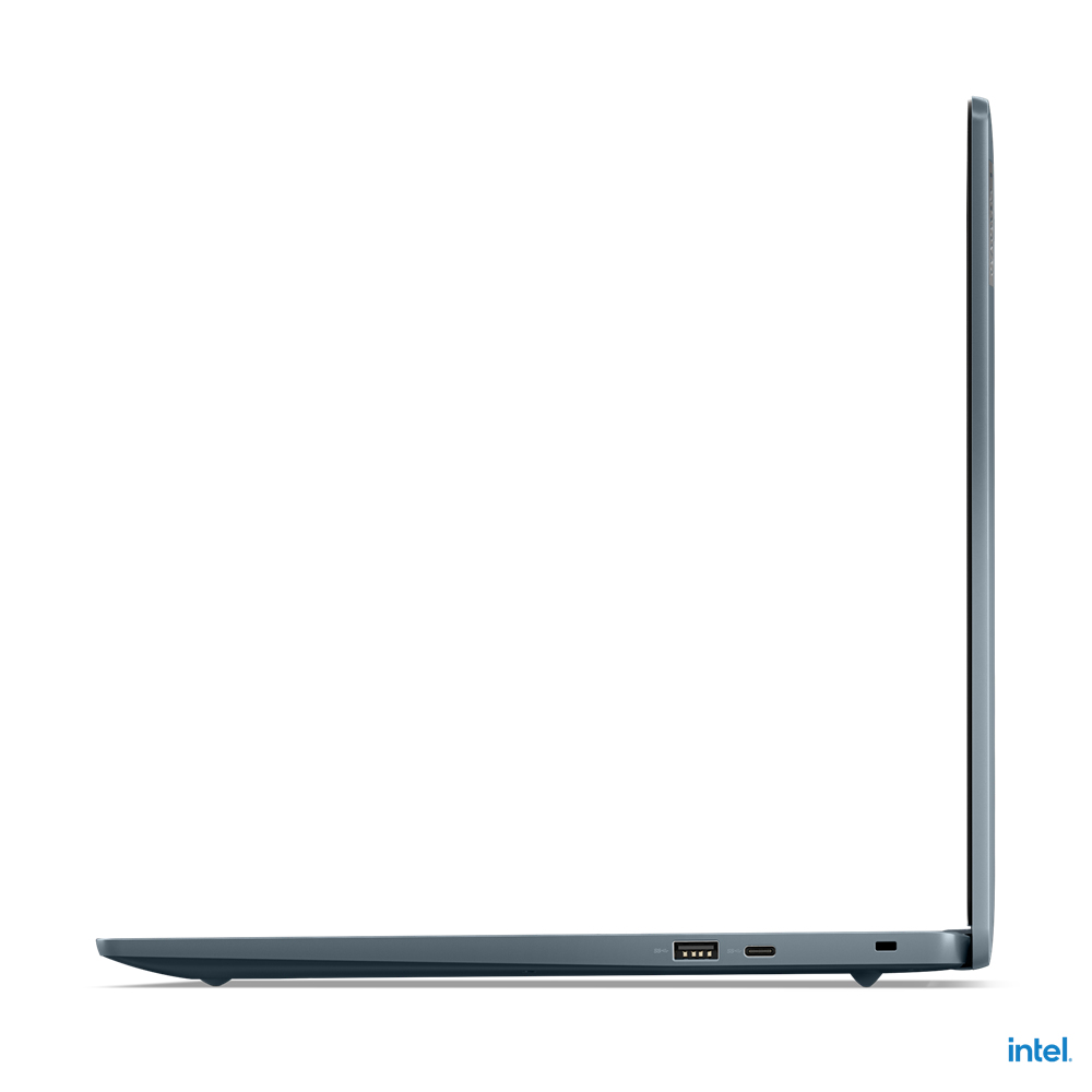Seitenansicht eines tealfarbenen Laptops. Sichtbare Anschlüsse sind USB- und Ladeanschlüsse. Das Intel-Logo befindet sich unten rechts.