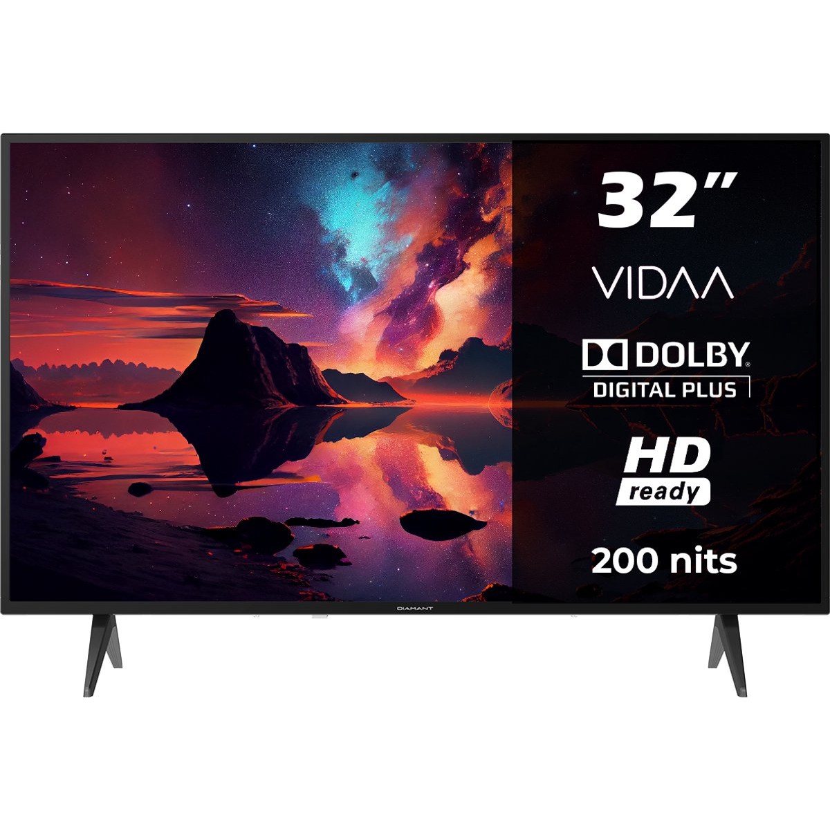 Téléviseur 32" HD ready avec une scène de paysage colorée sur l'écran. L'écran affiche également les logos VIDA, Dolby Digital Plus.