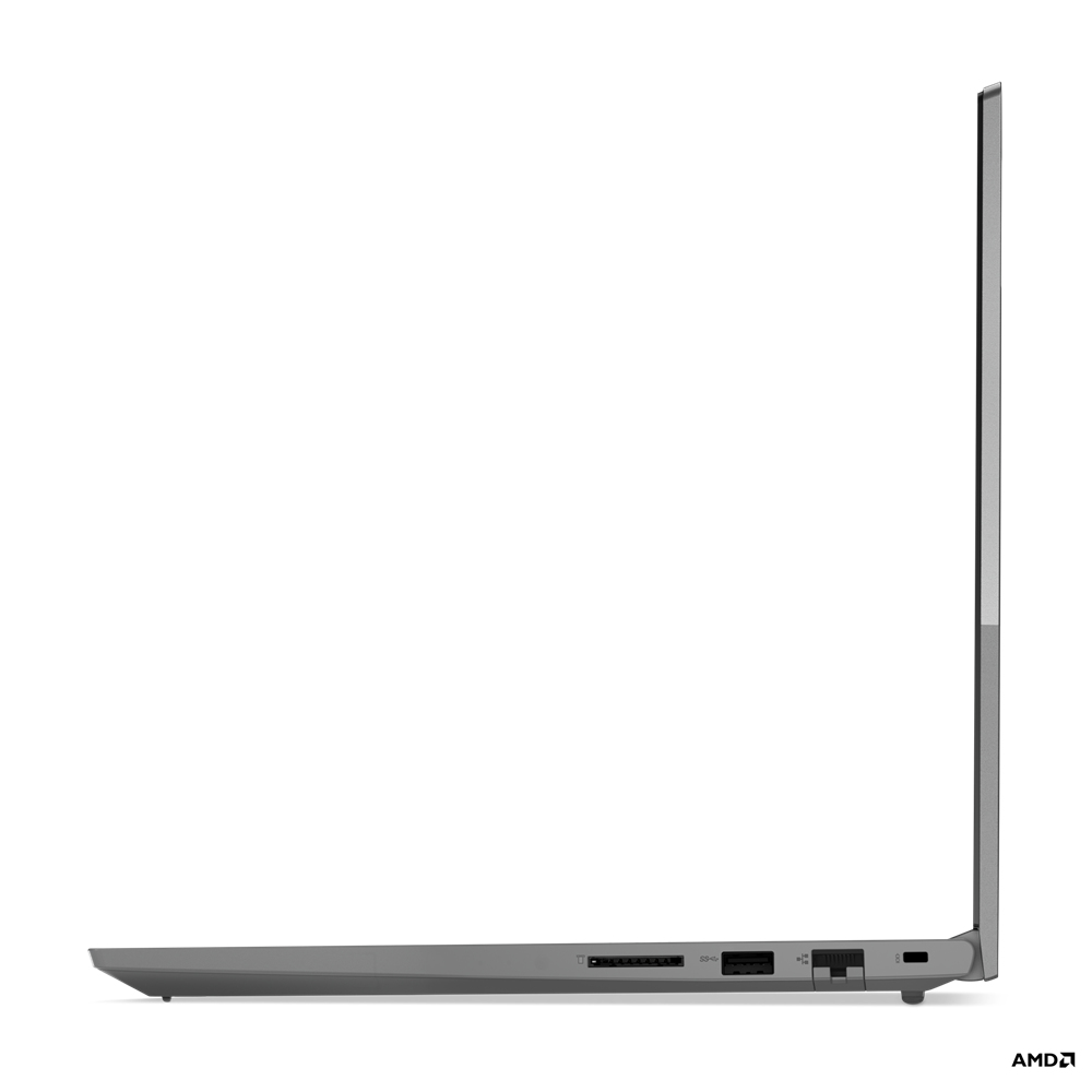 Zijaanzicht van een grijze laptop. Het scherm is open. Poorten zijn zichtbaar aan de zijkant. Een AMD-logo staat rechtsonder.