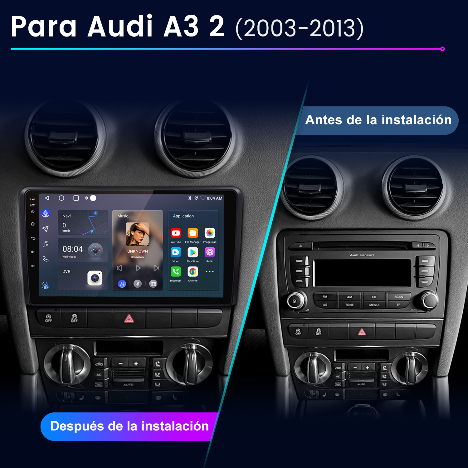 Comparación del salpicadero del Audi A3 2 antes y después de la instalación. Muestra un nuevo sistema multimedia que reemplaza la radio original.
