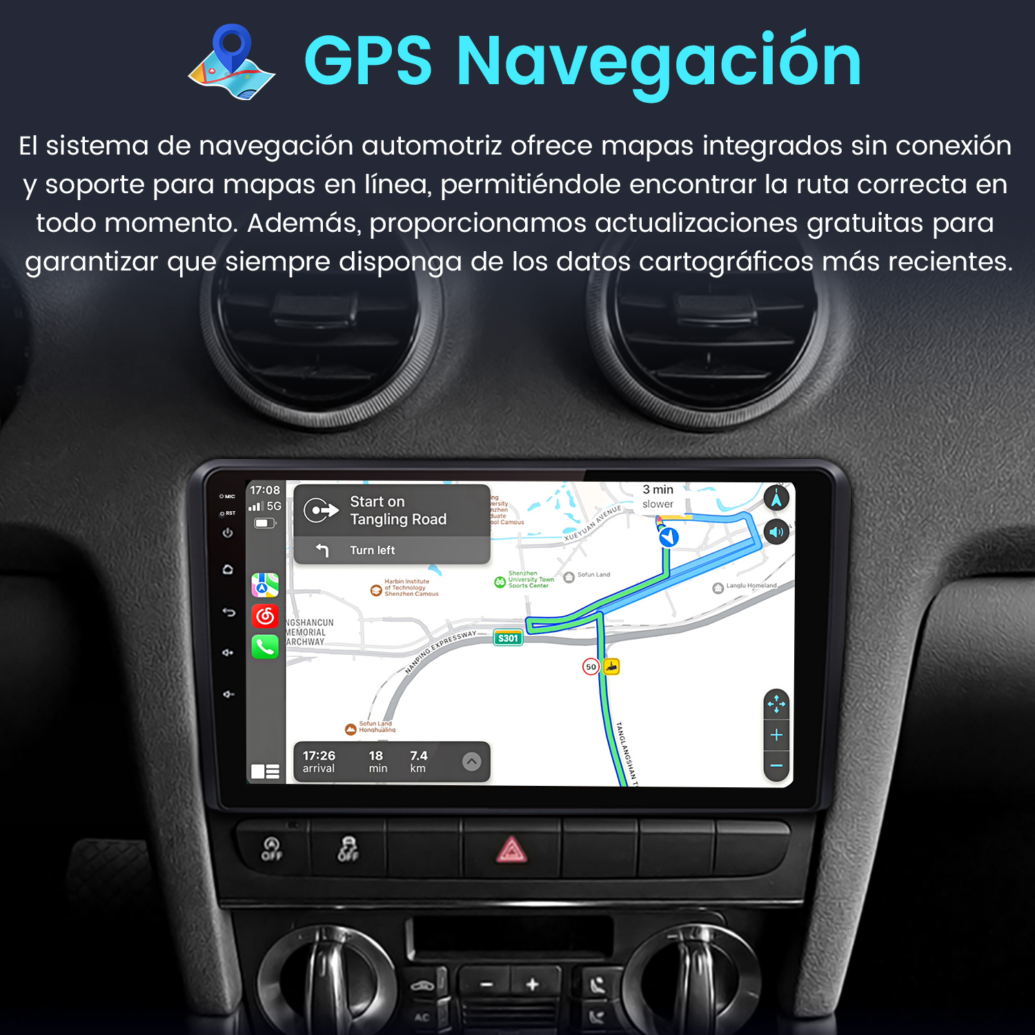 Pantalla del sistema de navegación del coche mostrando mapa, guía de ruta, tiempo y distancia, en interior del coche.