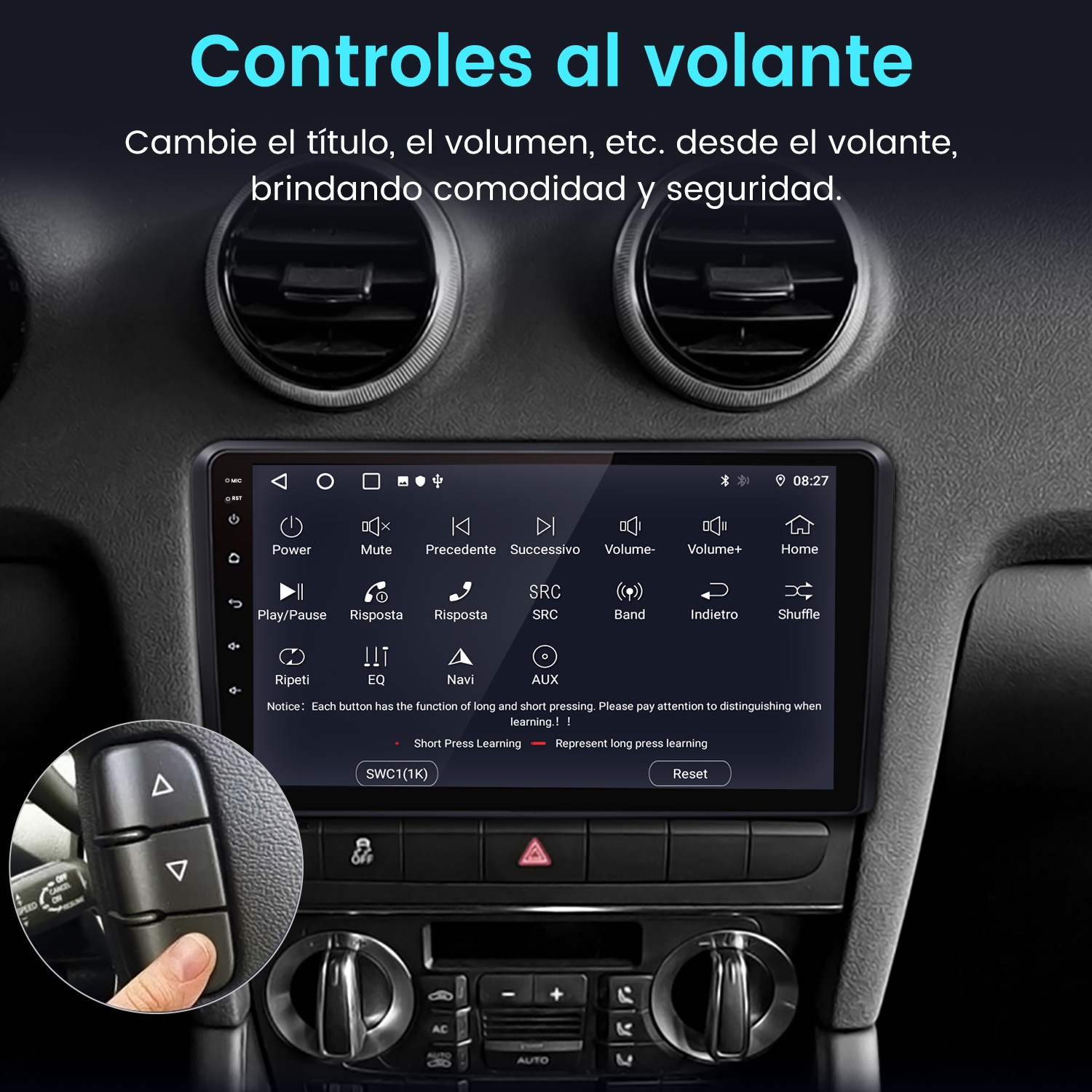 Panel del coche con botones de control, pantalla con opciones y mano tocando controles del volante. Texto en español visible.