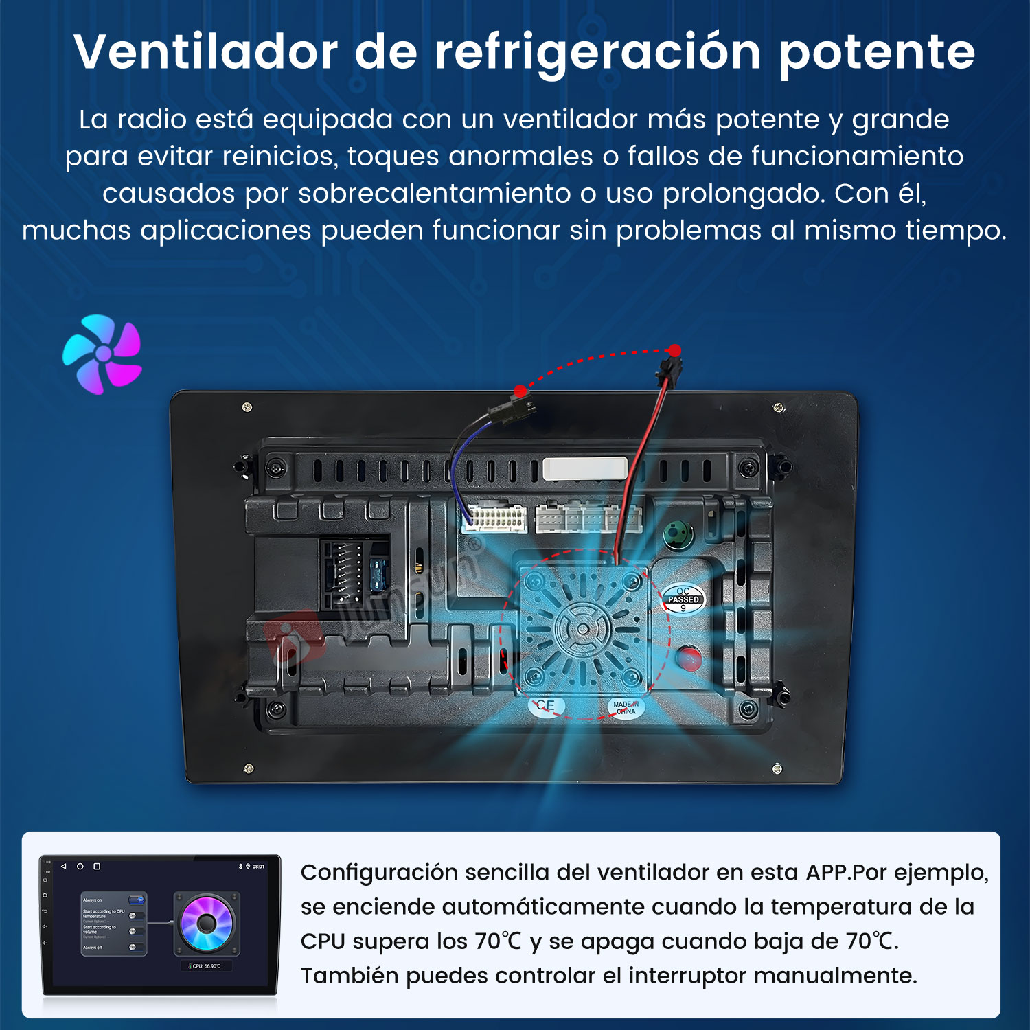 Dispositivo con ventilador, luz azul. Texto español describe función y control de temperatura.
