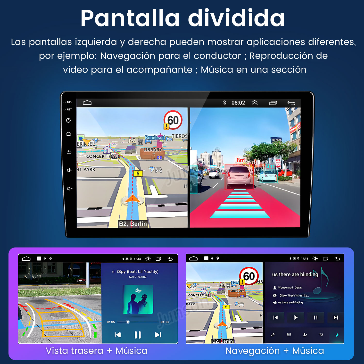 Panel del coche muestra navegación y música, pantalla dividida. Abajo: vista trasera y música, navegación y música.