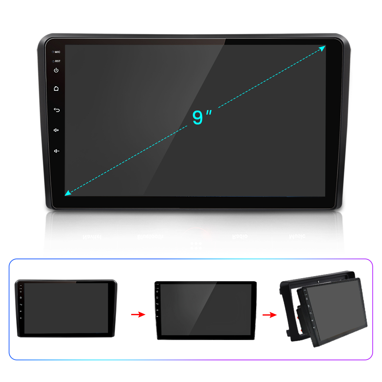Un'autoradio con schermo da 9 pollici. Ha pulsanti laterali e un diagramma che mostra il processo di installazione.
