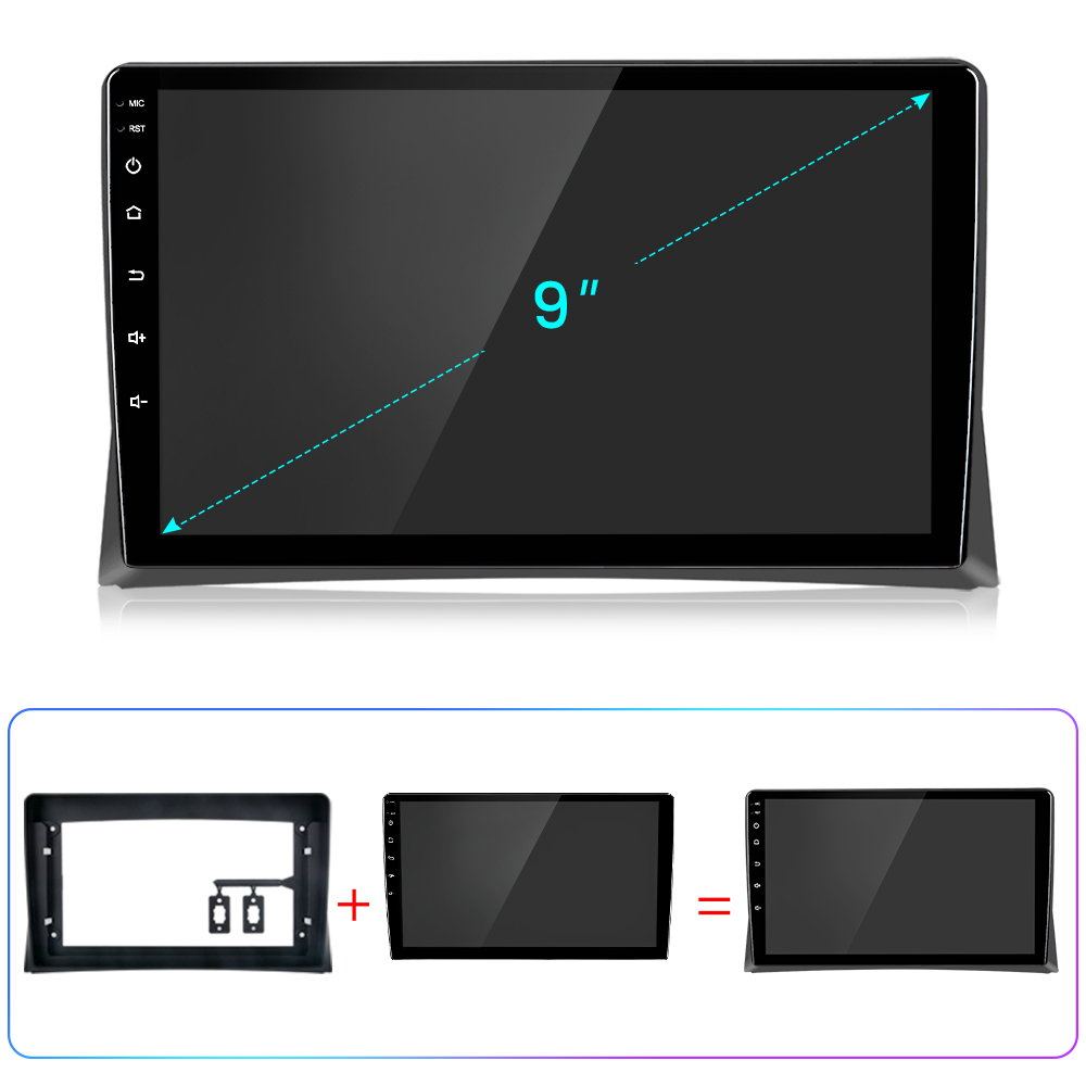 Una pantalla de radio de coche negra de 9". Debajo, se muestra un marco, una pantalla y una pantalla ensamblada con signos de suma e igualdad.