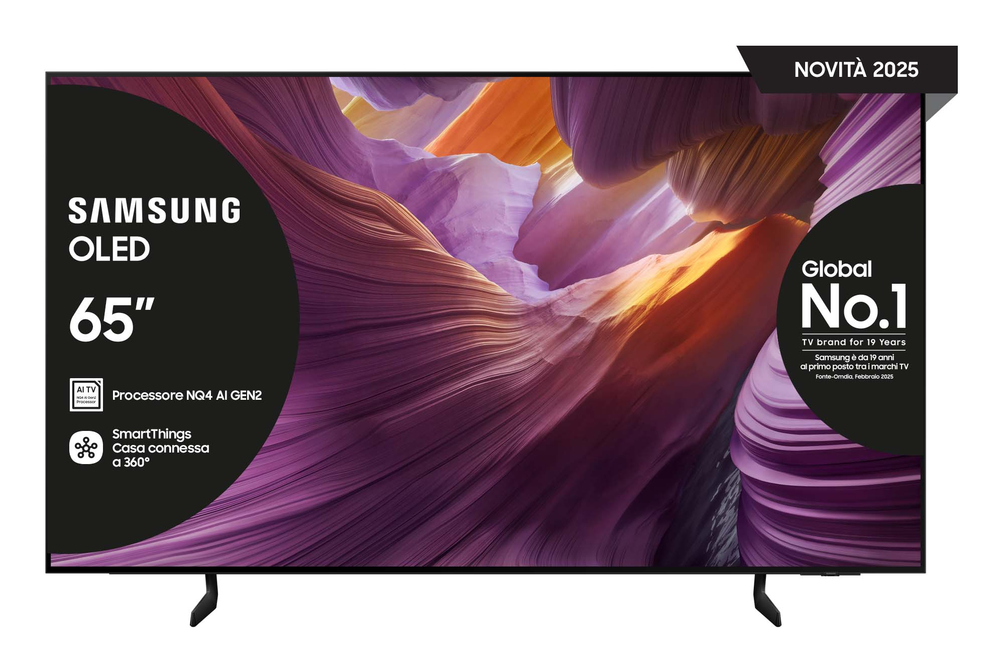 Telewizor Samsung OLED 65". Cechy: procesor AI, SmartThings i marka Global No.1. Tło: kolorowa sztuka abstrakcyjna.