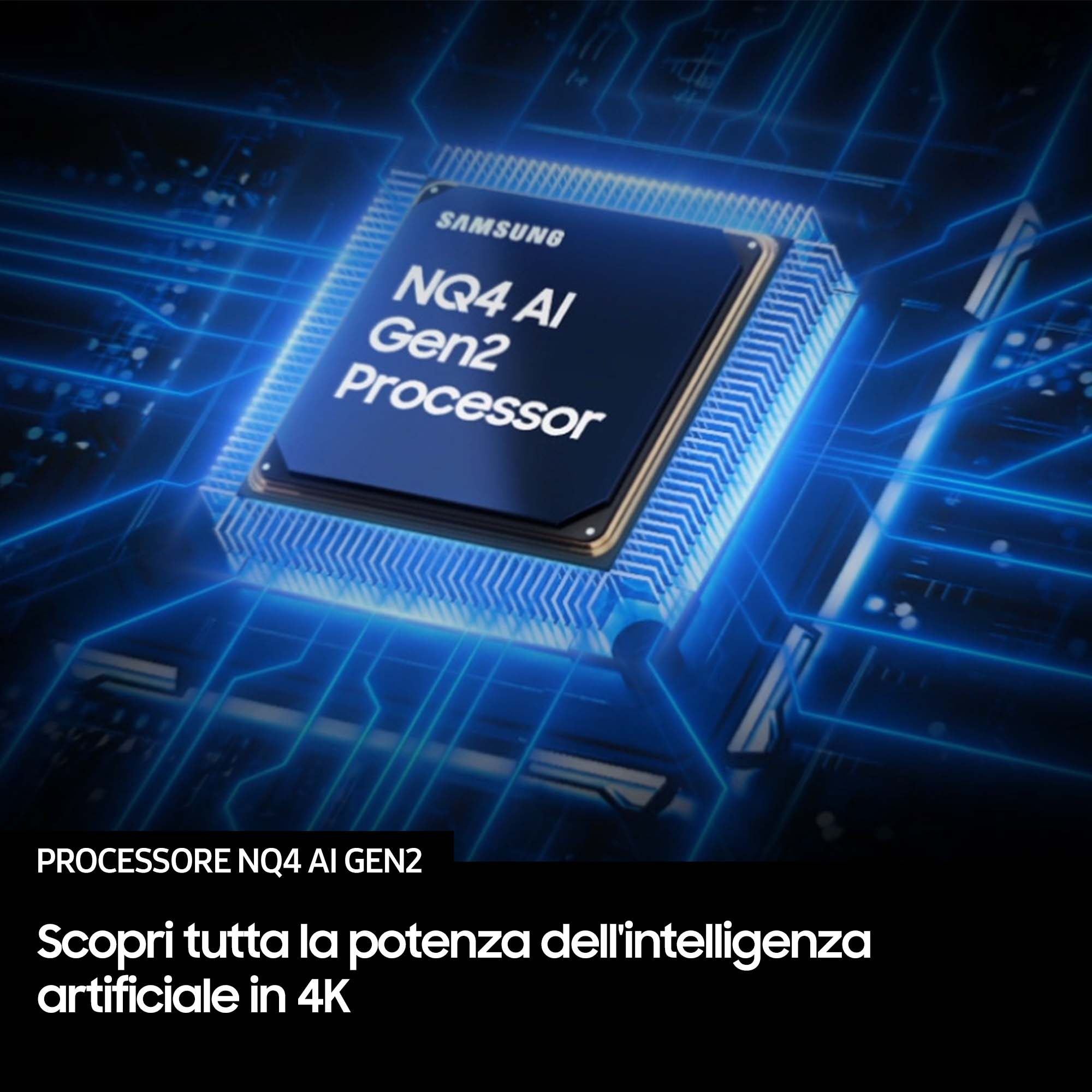 Procesor Samsung z napisem NQ4 AI Gen2 Processor, z niebieskimi liniami obwodów na czarnym tle.