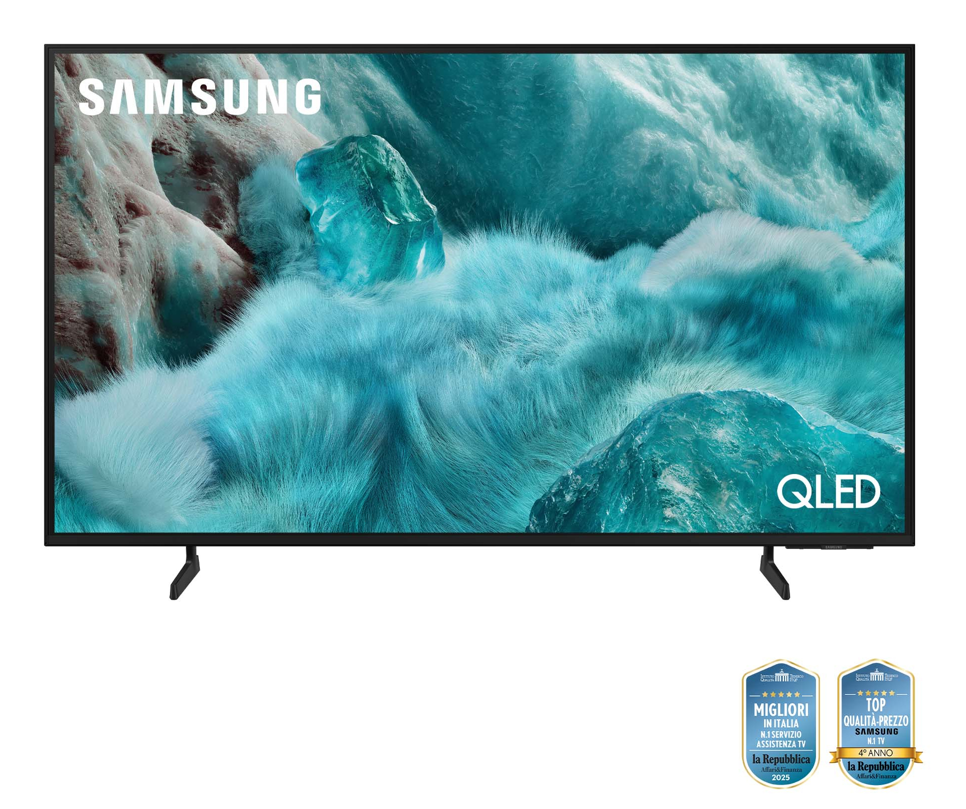 Un téléviseur Samsung QLED affiche une image abstraite en bleu et blanc. Le téléviseur est sur un pied, avec des récompenses en bas.