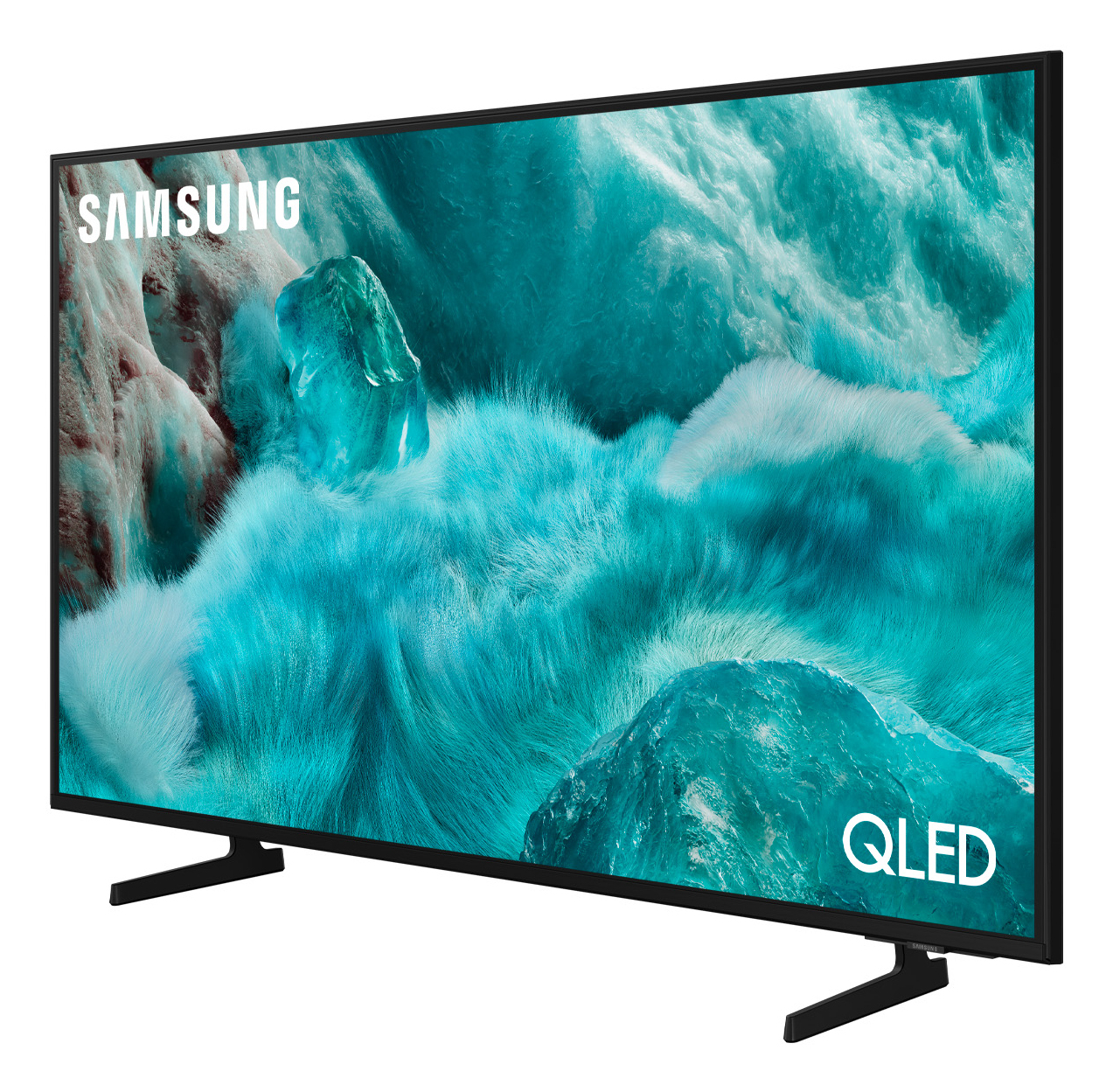 Un téléviseur Samsung QLED affiche une image abstraite turquoise. Le téléviseur est noir avec deux pieds noirs. Le mot SAMSUNG est visible.