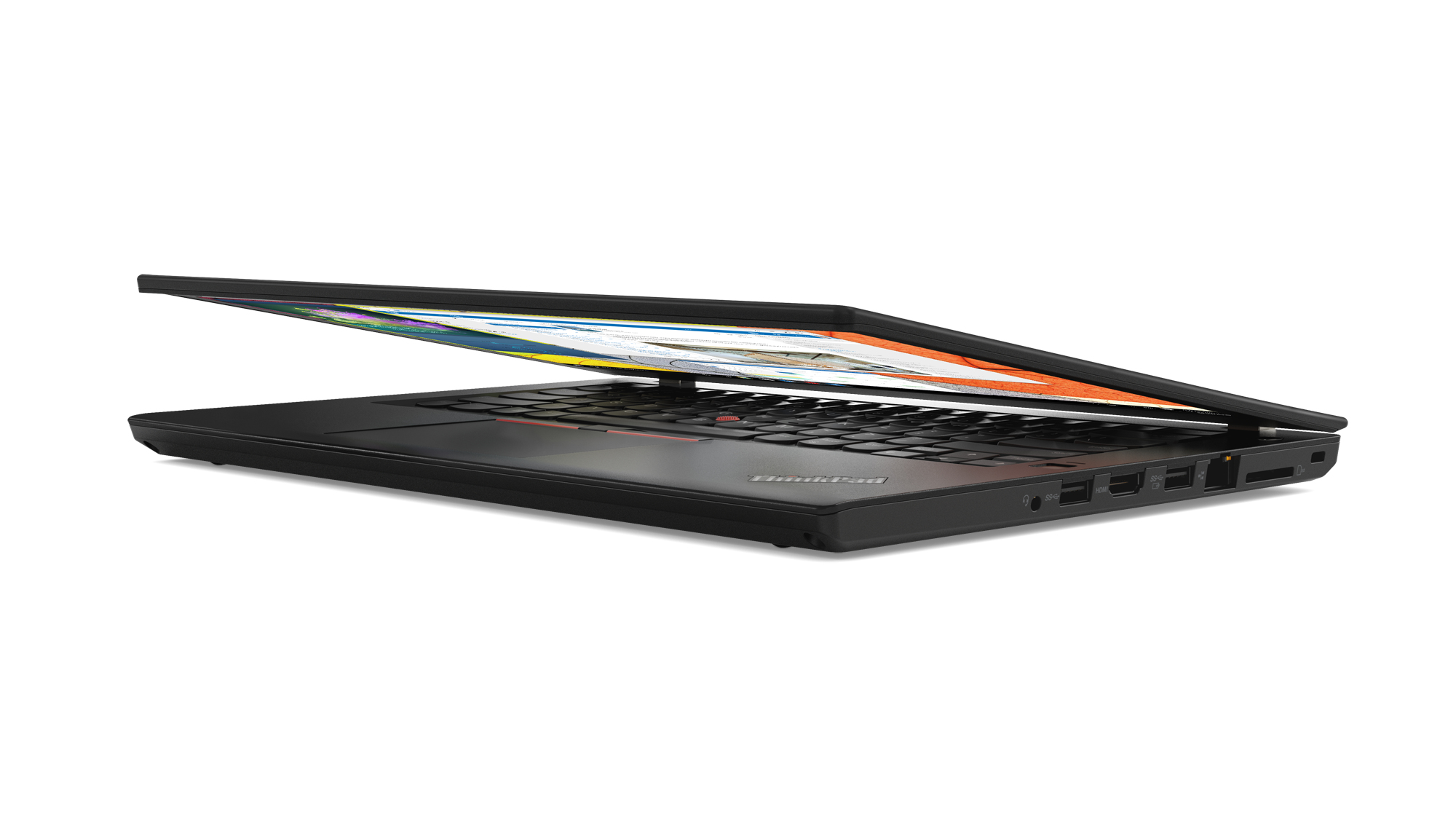 Portátil ThinkPad negro, parcialmente abierto. La pantalla muestra una interfaz colorida. Teclado y puertos visibles.