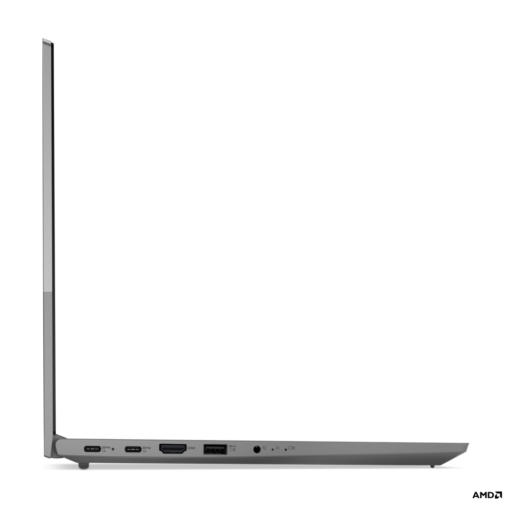 Zijaanzicht van een grijze laptop, onder een hoek open. Poorten zijn zichtbaar aan de zijkant. Het AMD-logo staat in de hoek.