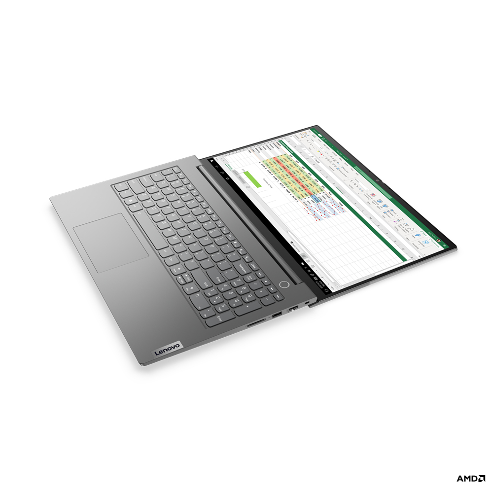 Een grijze Lenovo laptop is open, met een spreadsheet. Het toetsenbord staat op de voorgrond. Het scherm toont gegevens in rijen en kolommen.