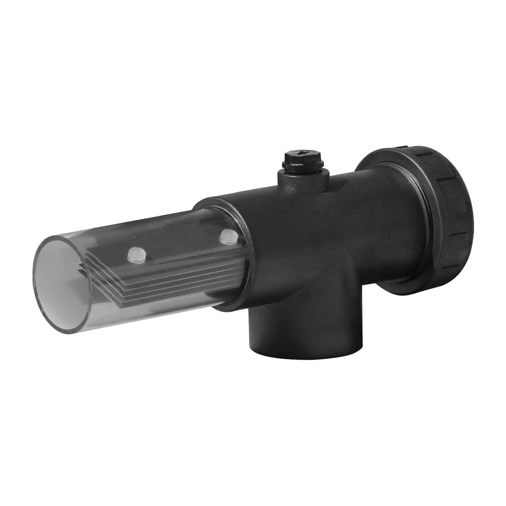 Filtro de agua negro con cámara transparente que contiene placas. Tiene forma cilíndrica y está sobre un fondo blanco.