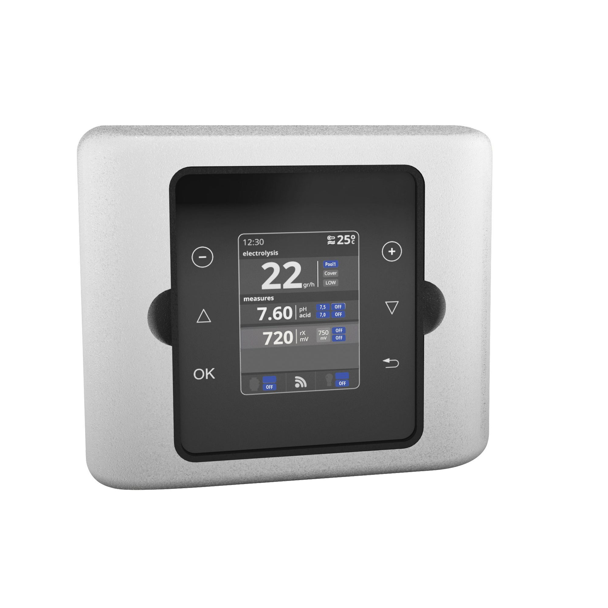 Dispositivo digital con pantalla que muestra mediciones. Tiene botones y muestra lecturas de electrólisis, pH y voltaje.
