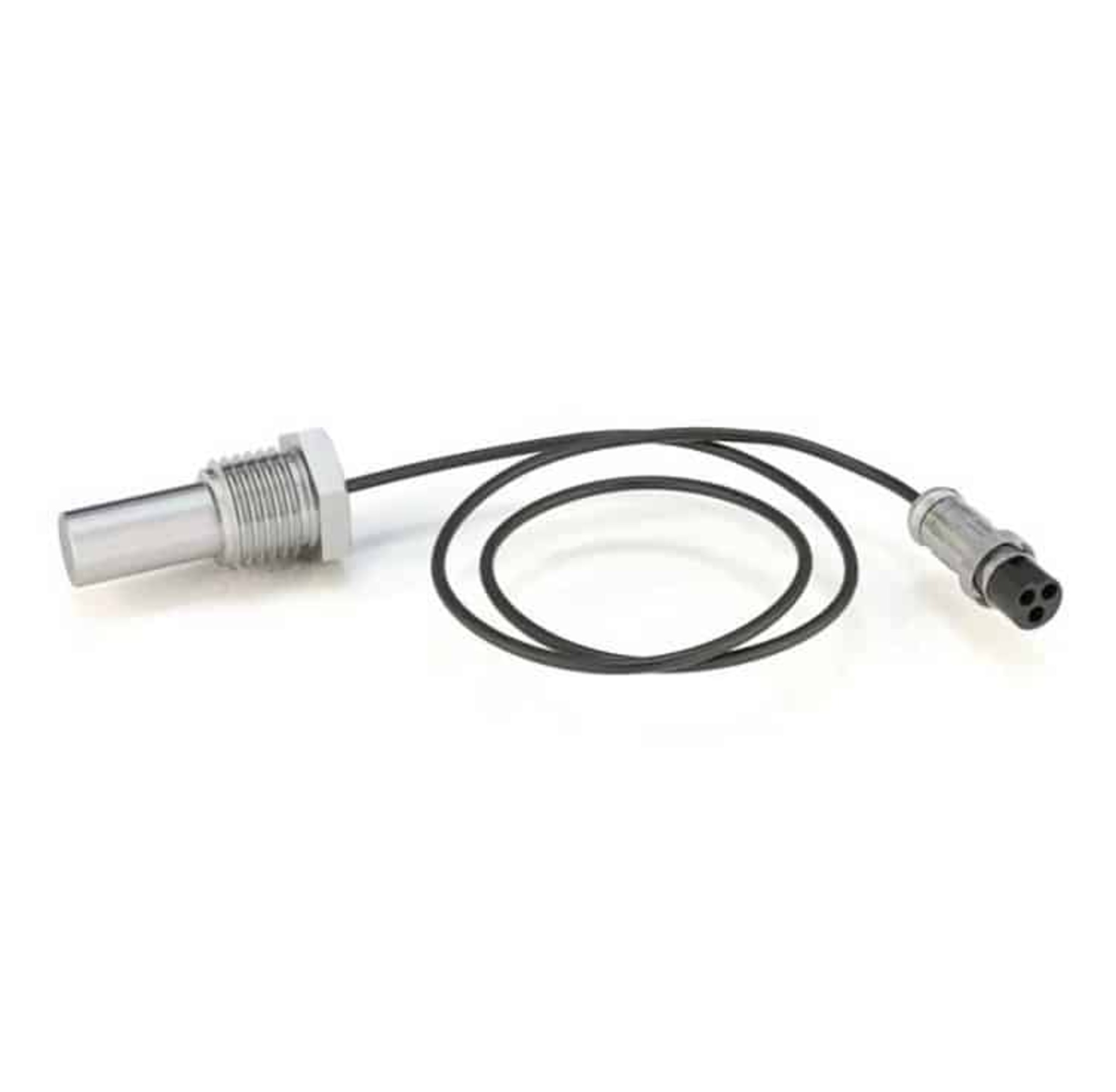 Un sensor con un cilindro plateado, un cable negro en bucle y un conector con tres agujeros sobre fondo blanco.