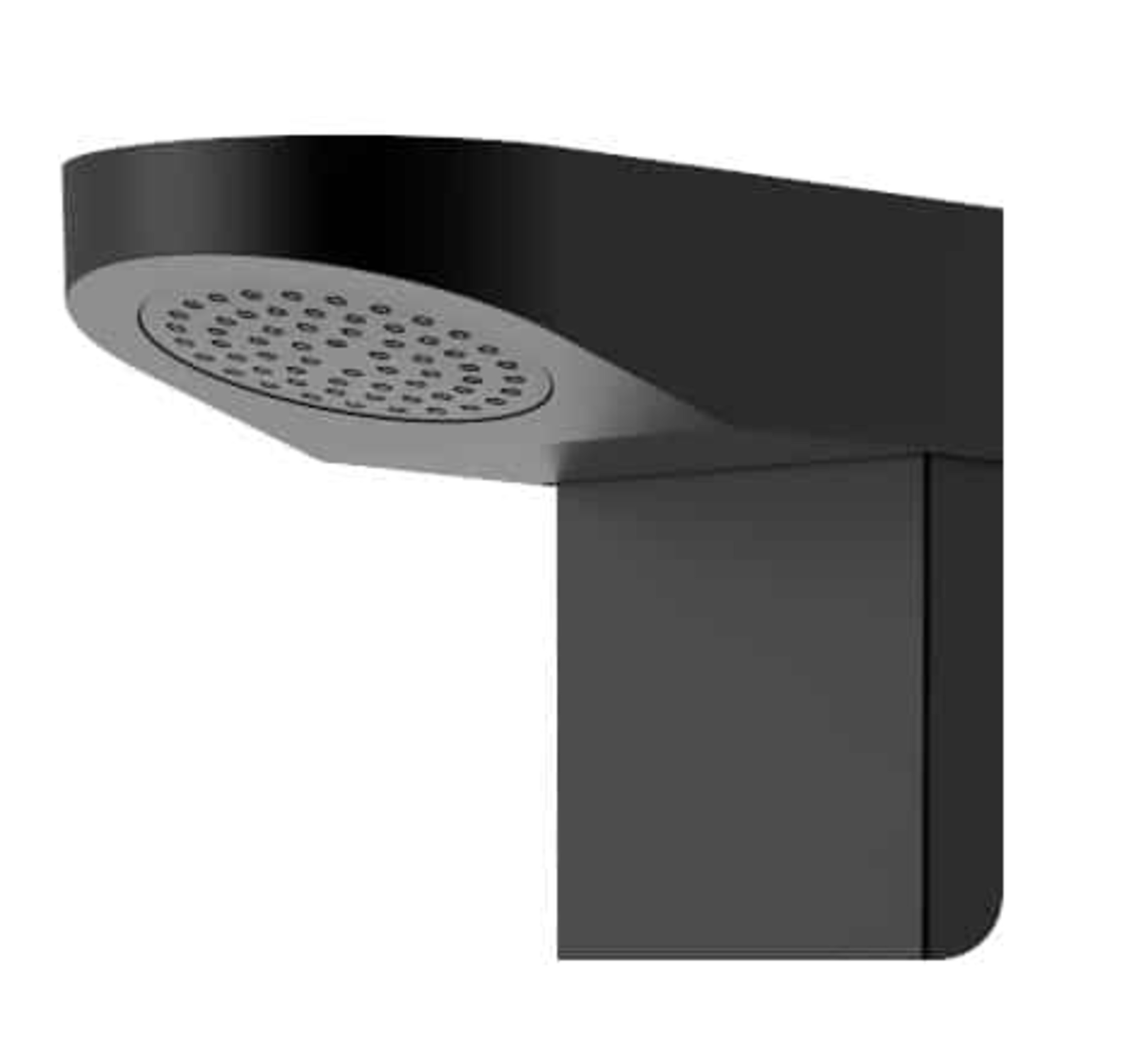 Un cabezal de ducha negro con base rectangular. El cabezal es ovalado con pequeños agujeros.