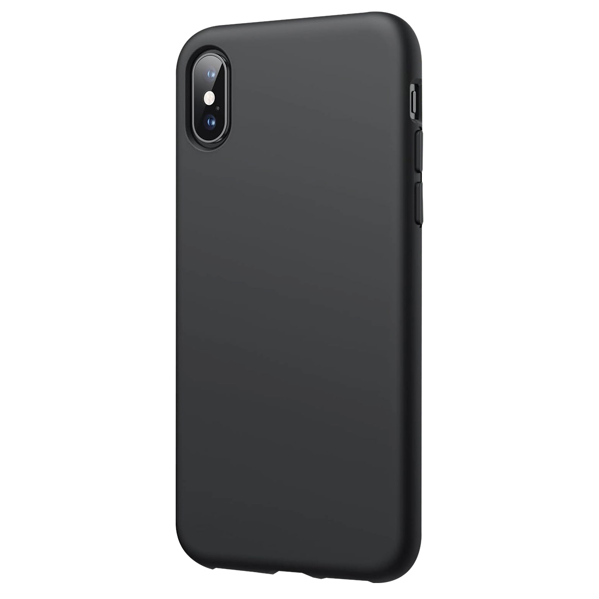 Smartphone nero con fotocamera in alto a sinistra e pulsanti sul lato destro. Il telefono è in una custodia nera.