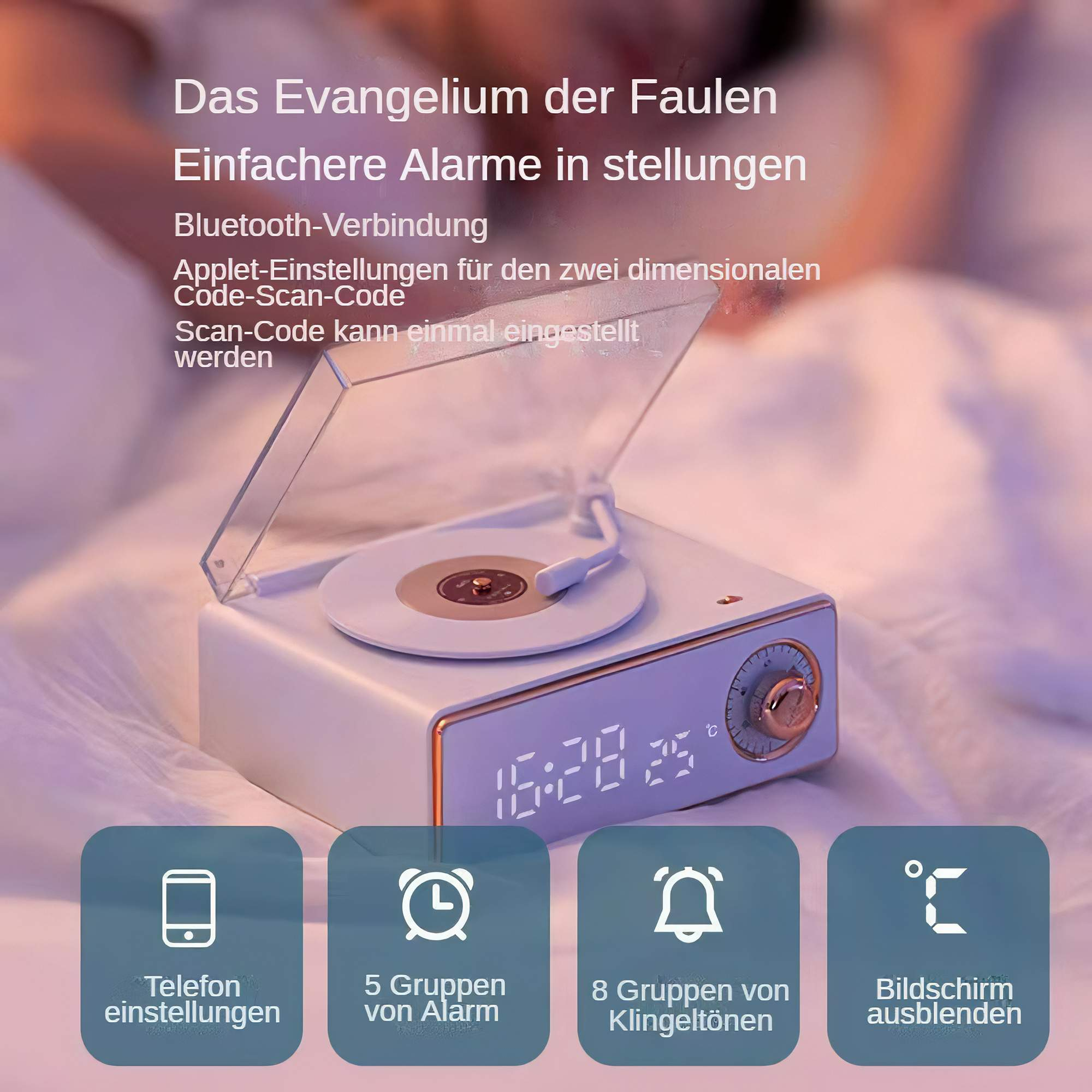 Ein weißer Wecker mit Plattenspieler-Design, der Zeit und Einstellungen anzeigt. Mehrere Symbole für verschiedene Funktionen sind gezeigt.