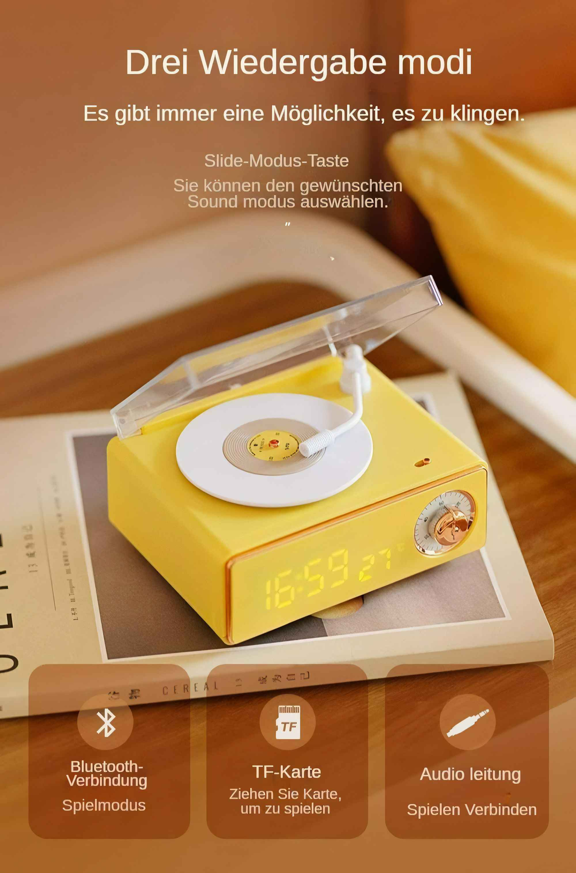 Gelber Retro-Musikplayer mit Schallplatte, Digitaluhr und Bluetooth-, TF-Karten- und Audioeingangsoptionen.