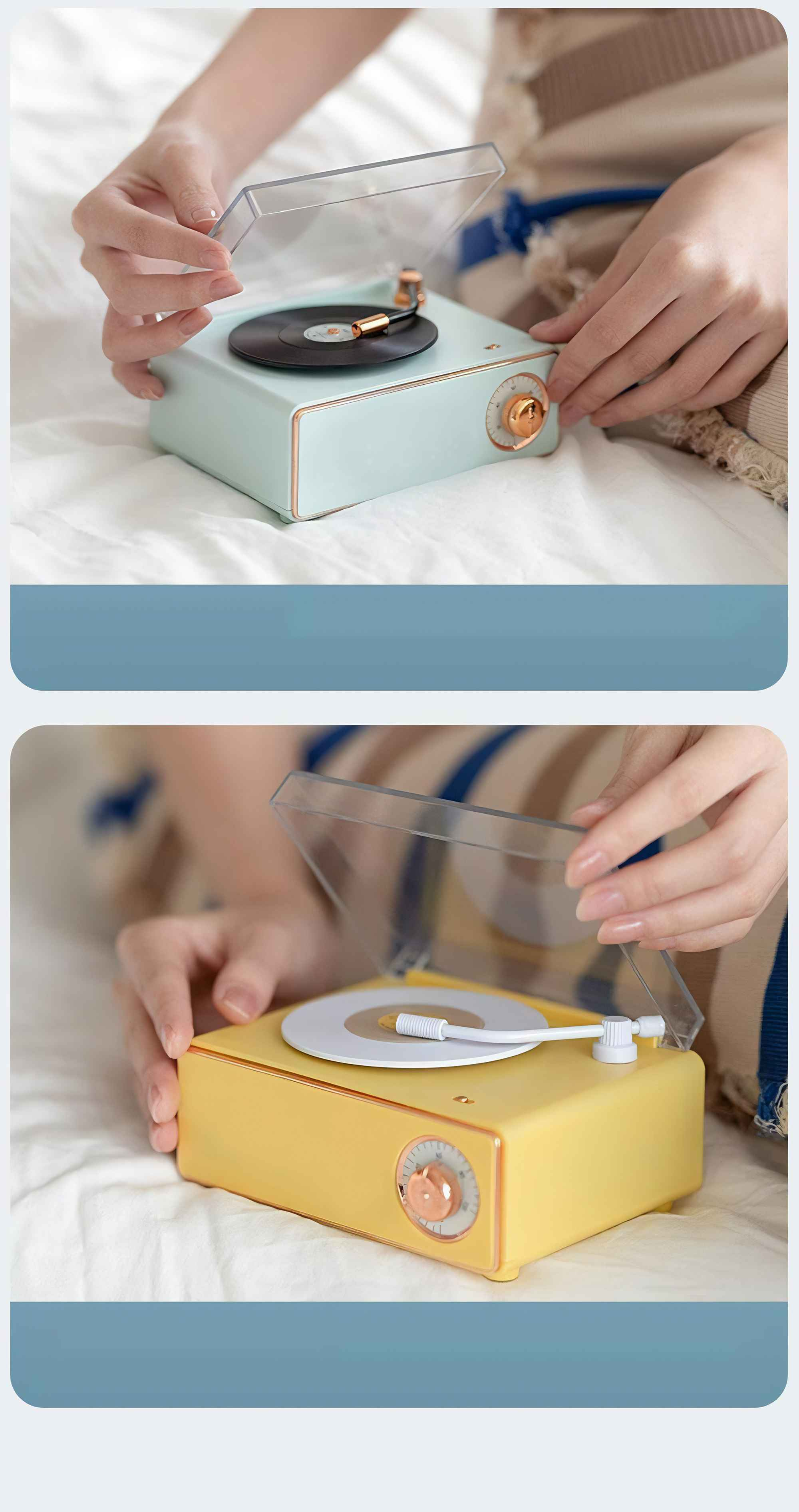 Hände öffnen einen kleinen, mintgrünen Plattenspieler auf einem Bett. Das zweite Bild zeigt einen gelben Plattenspieler.
