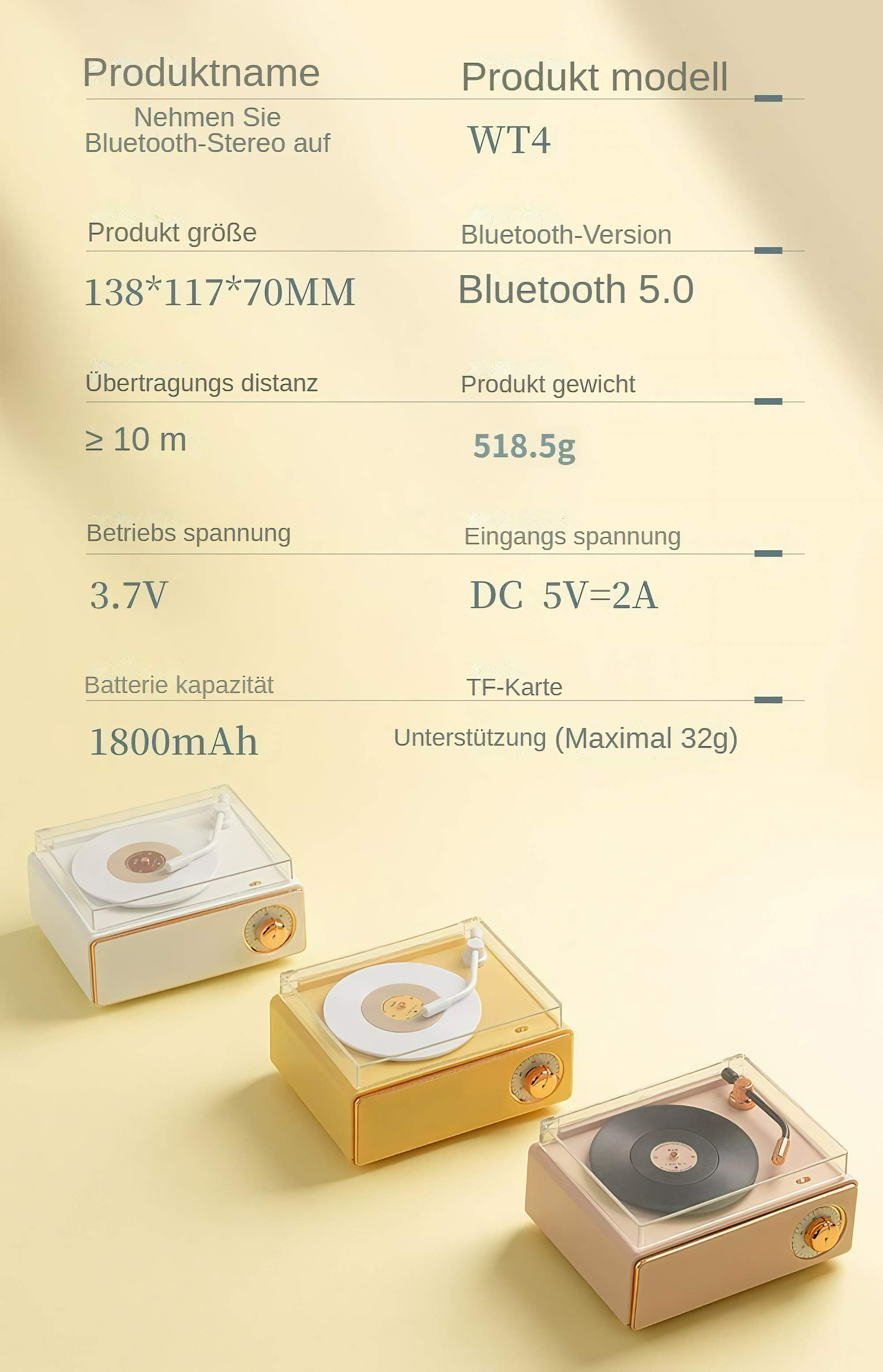 Drei Retro-Plattenspieler in Weiß, Gelb und Rosa. Text oben zeigt Produktspezifikationen.