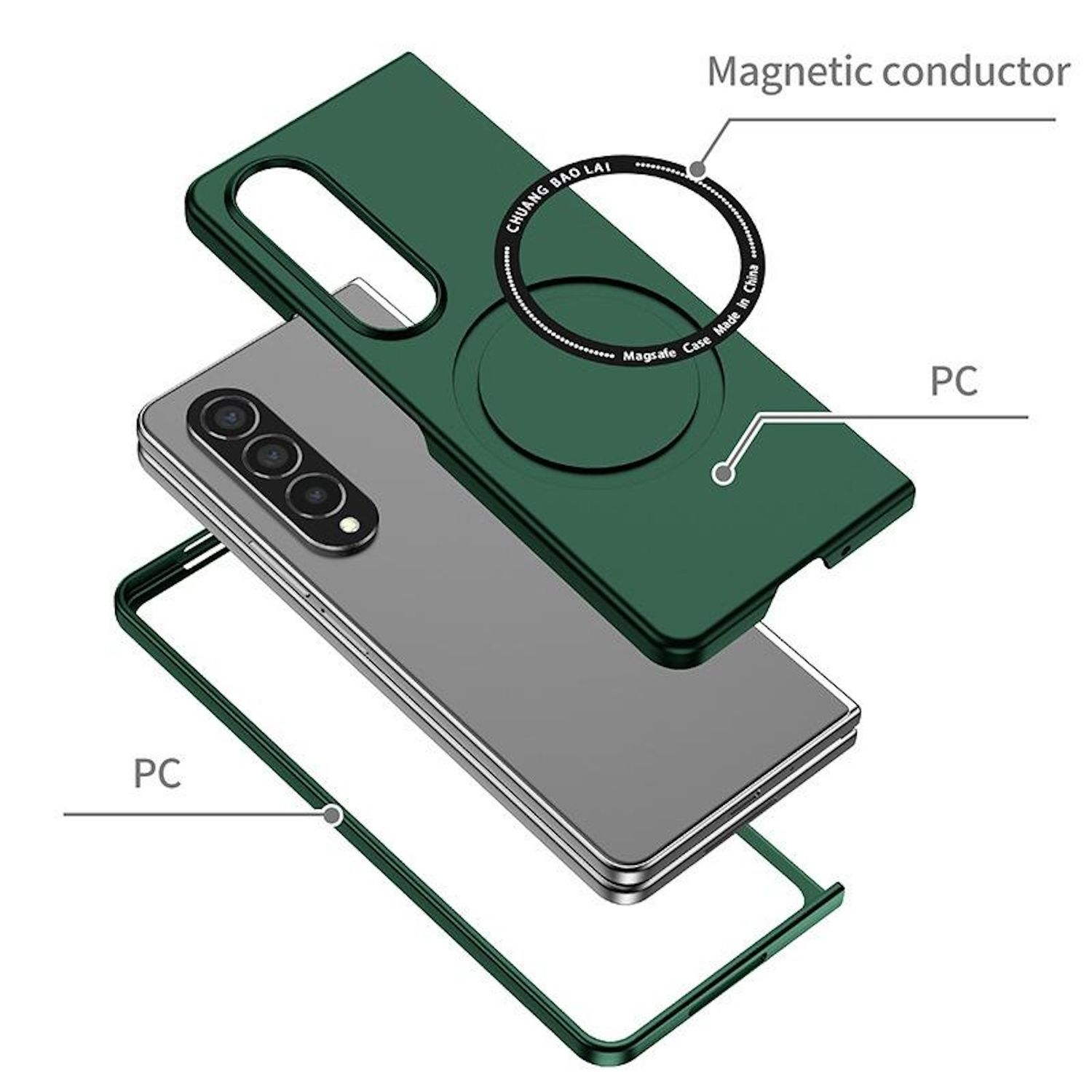 Eine grüne Handyhülle mit Magnetleiter, einem Telefon und einem grünen Rahmen. Das Telefon hat drei Kameras.