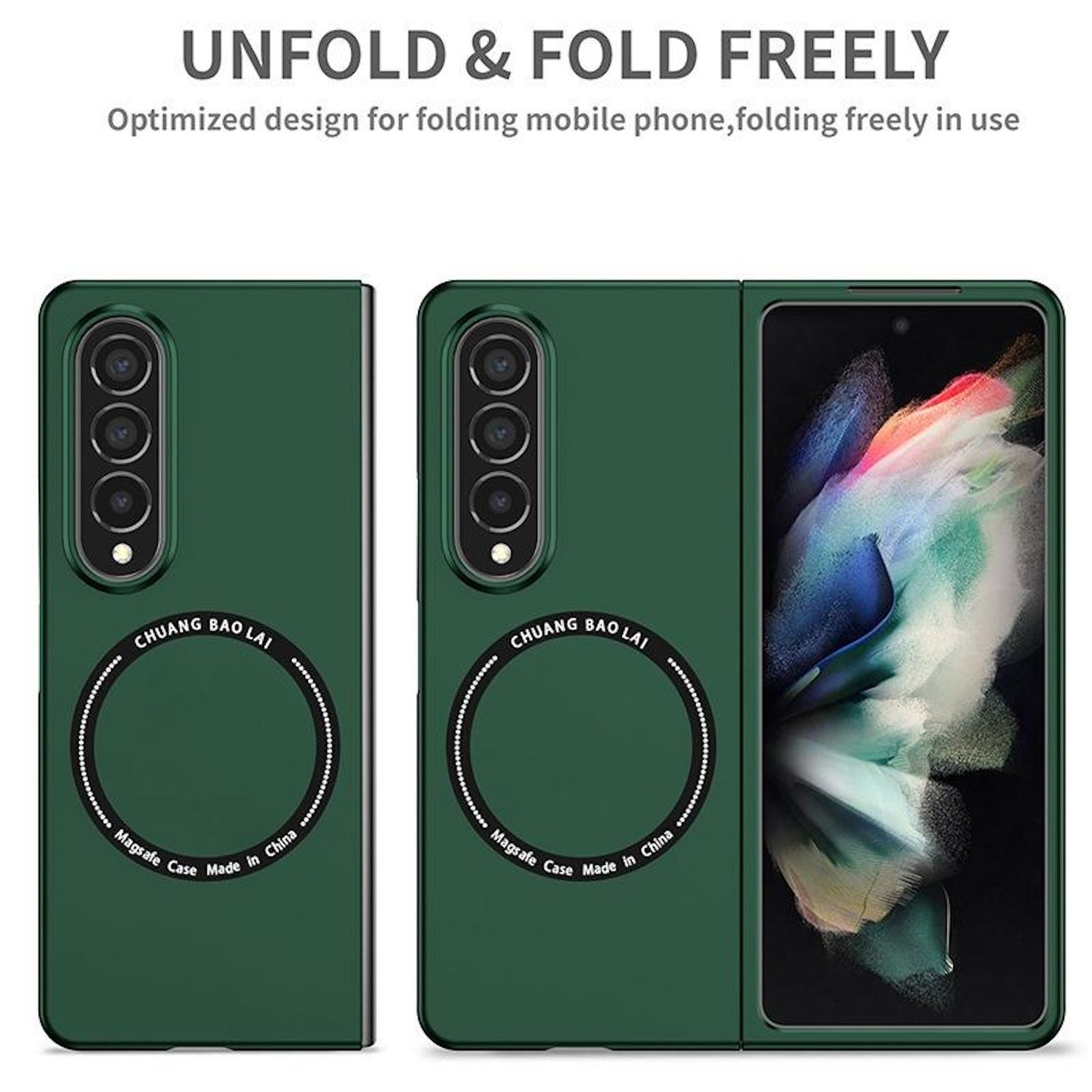Eine grüne Handyhülle, gefaltet und entfaltet. Die Hüllen tragen die Aufschrift "CHUANG BAO LAI" und "Magsafe Case Made in China".