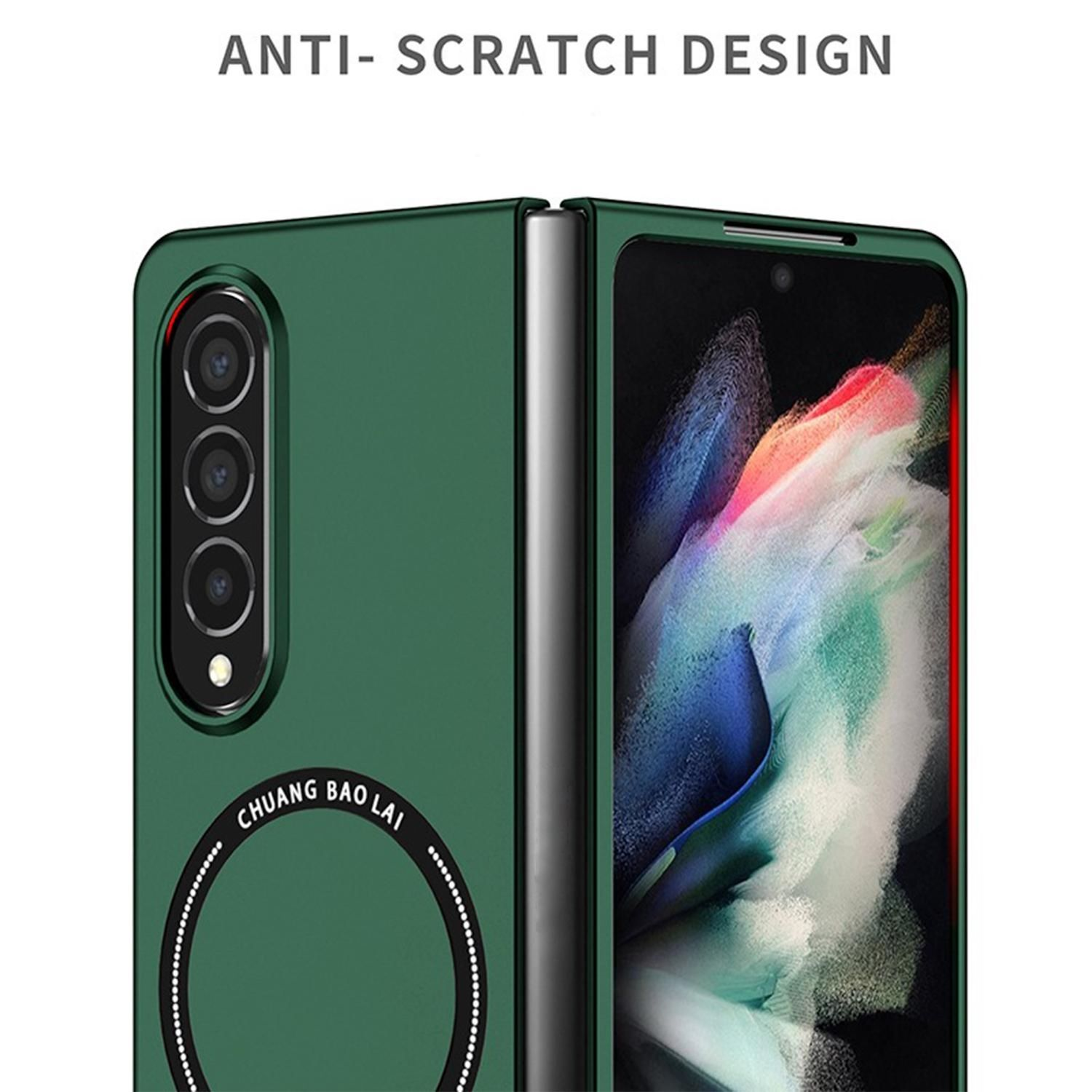 Eine grüne Handyhülle, die geöffnet ist, um den Telefonbildschirm zu zeigen. Die Hülle hat ein Kameramodul und ein kreisförmiges Logo.