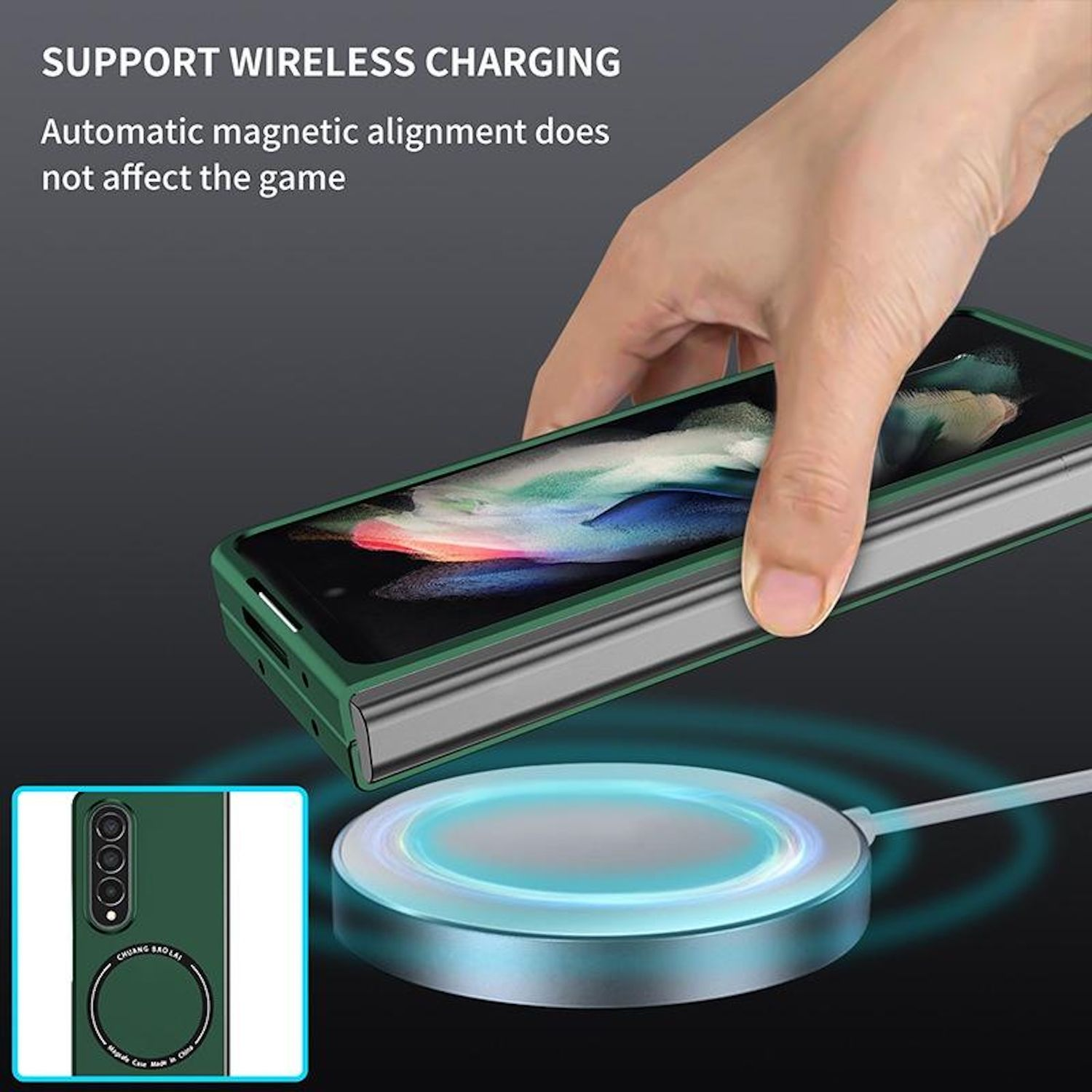 Hand hält eine grüne Handyhülle über einem kabellosen Ladegerät. Eine Handyhülle ist in einem Quadrat dargestellt. Text lautet 'Support Wireless Charging'.