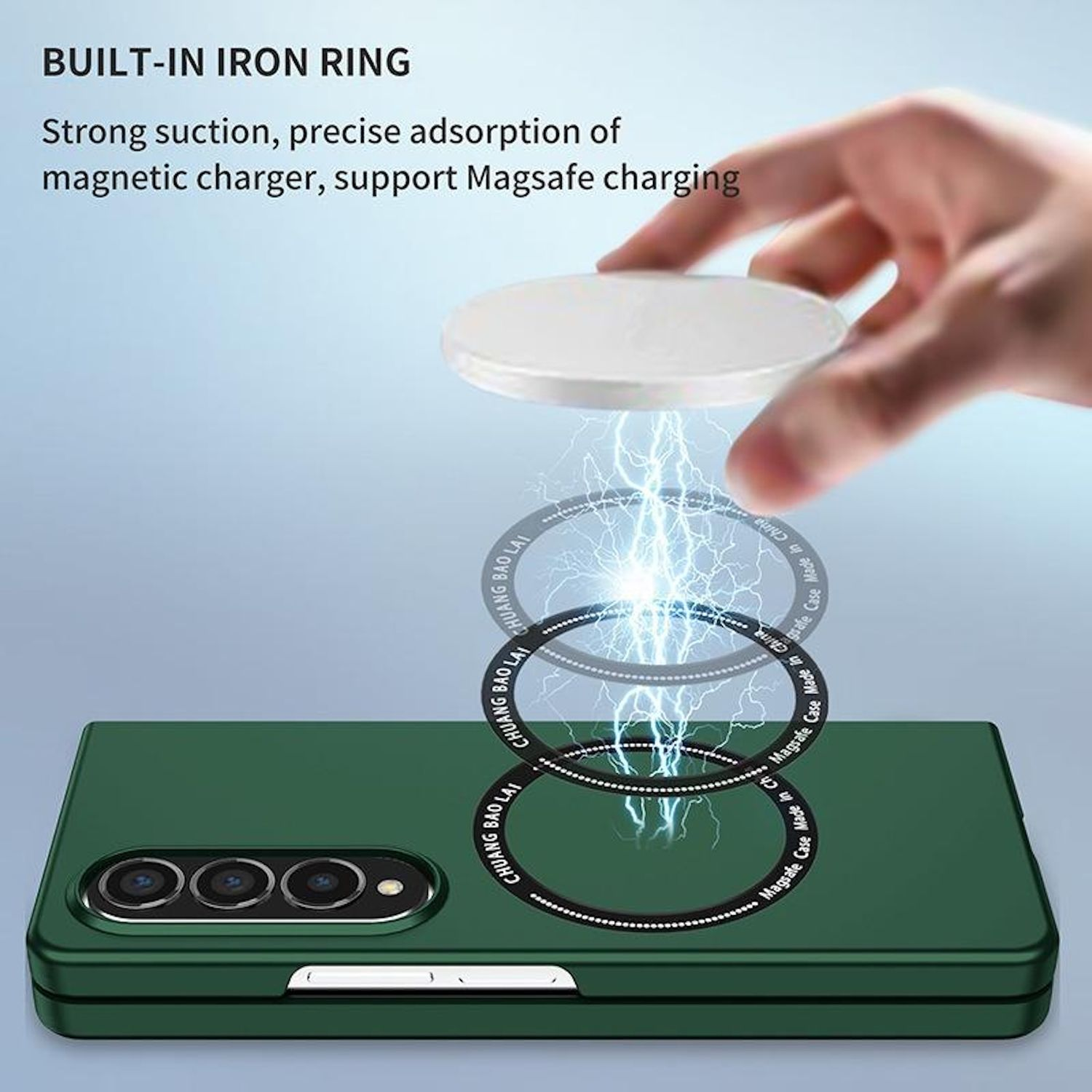 Hand hält ein weißes Ladegerät über einem grünen Telefon. Blitze verbinden das Ladegerät mit dem Magnetring des Telefons.