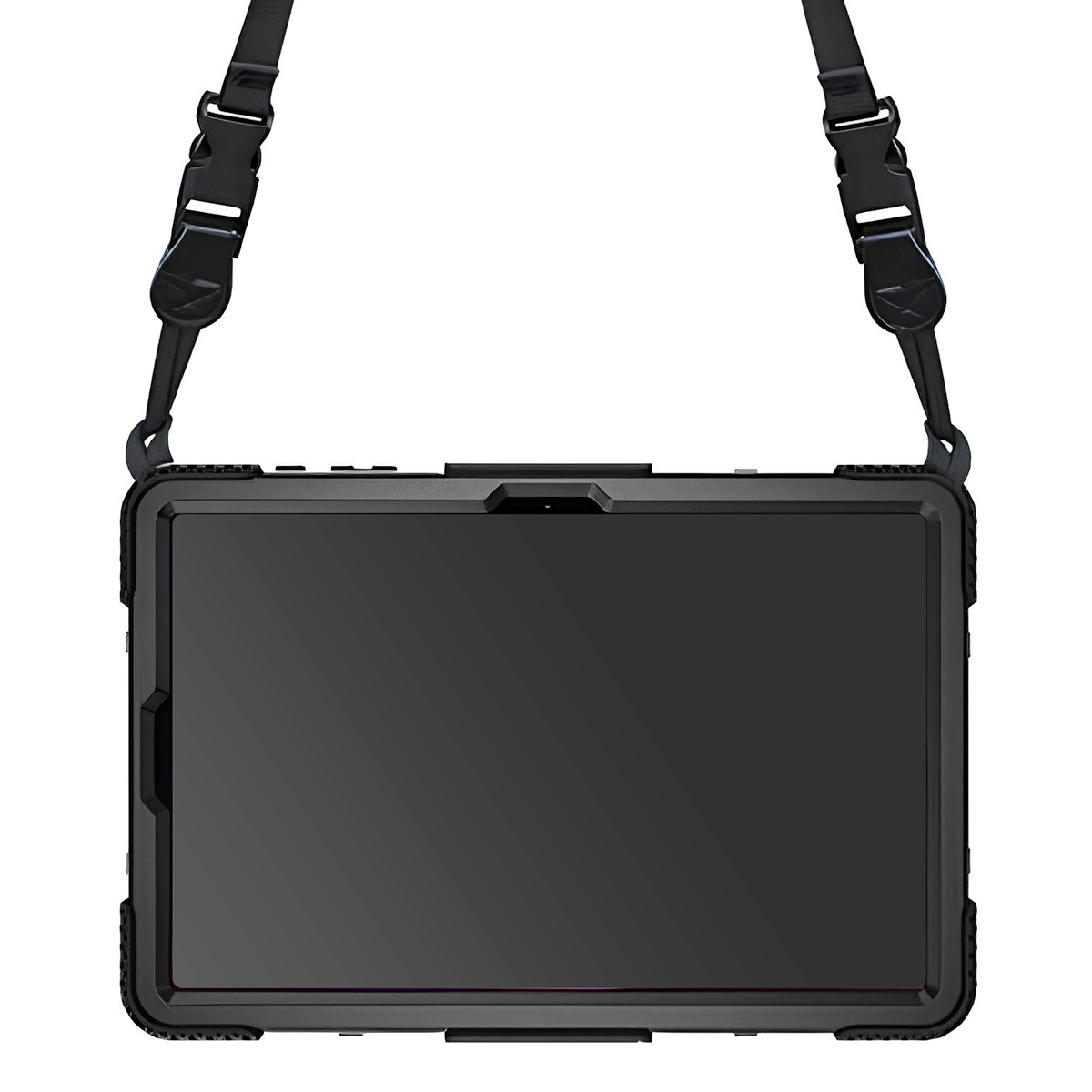 Ein schwarzes Tablet in einem robusten Gehäuse mit einem schwarzen Riemen, der von oben hängt. Der Bildschirm ist dunkel.