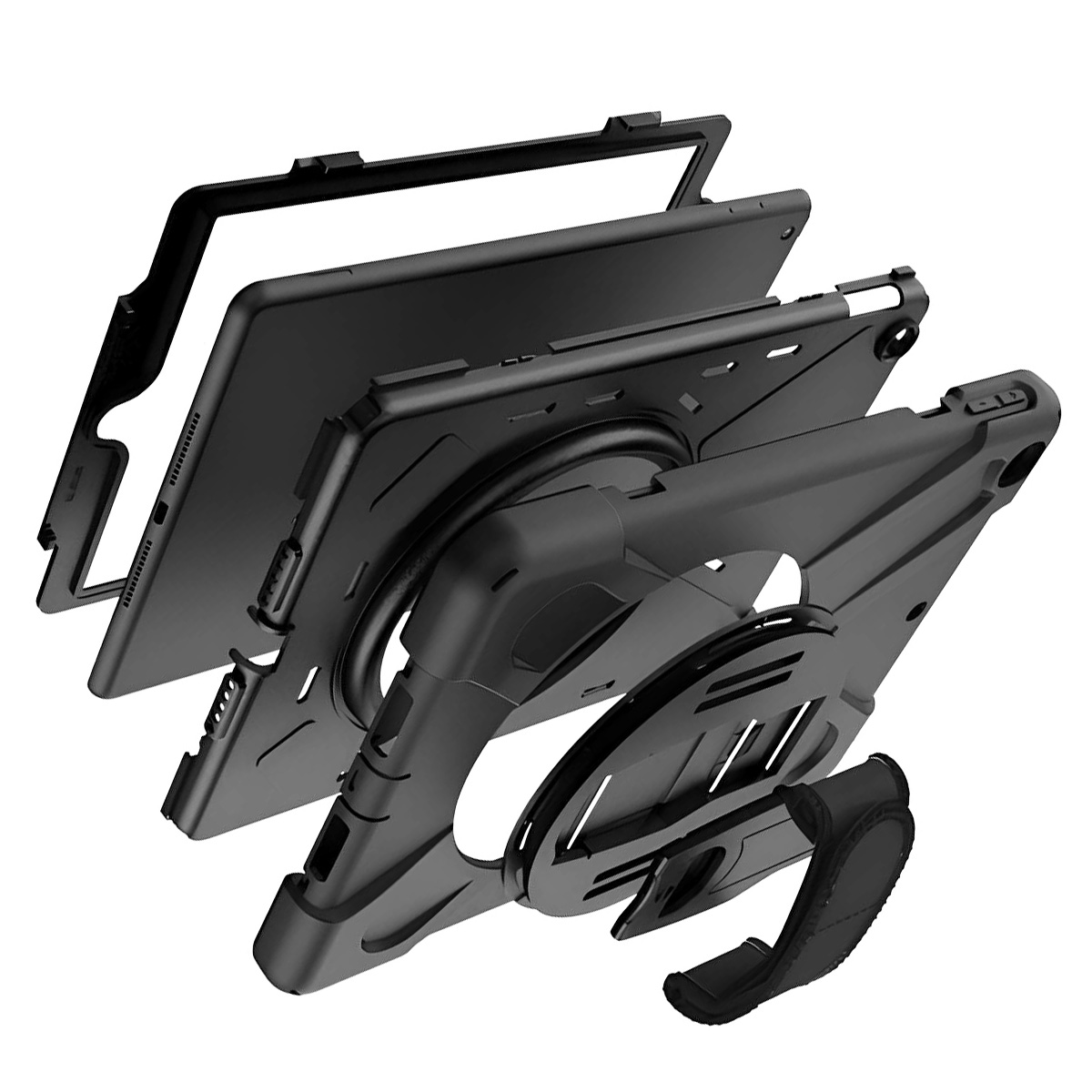 Schwarze Tablet-Hülle, zerlegt. Zu den Komponenten gehören ein Rahmen, eine Rückseite, ein drehbarer Ständer und ein Handriemen.