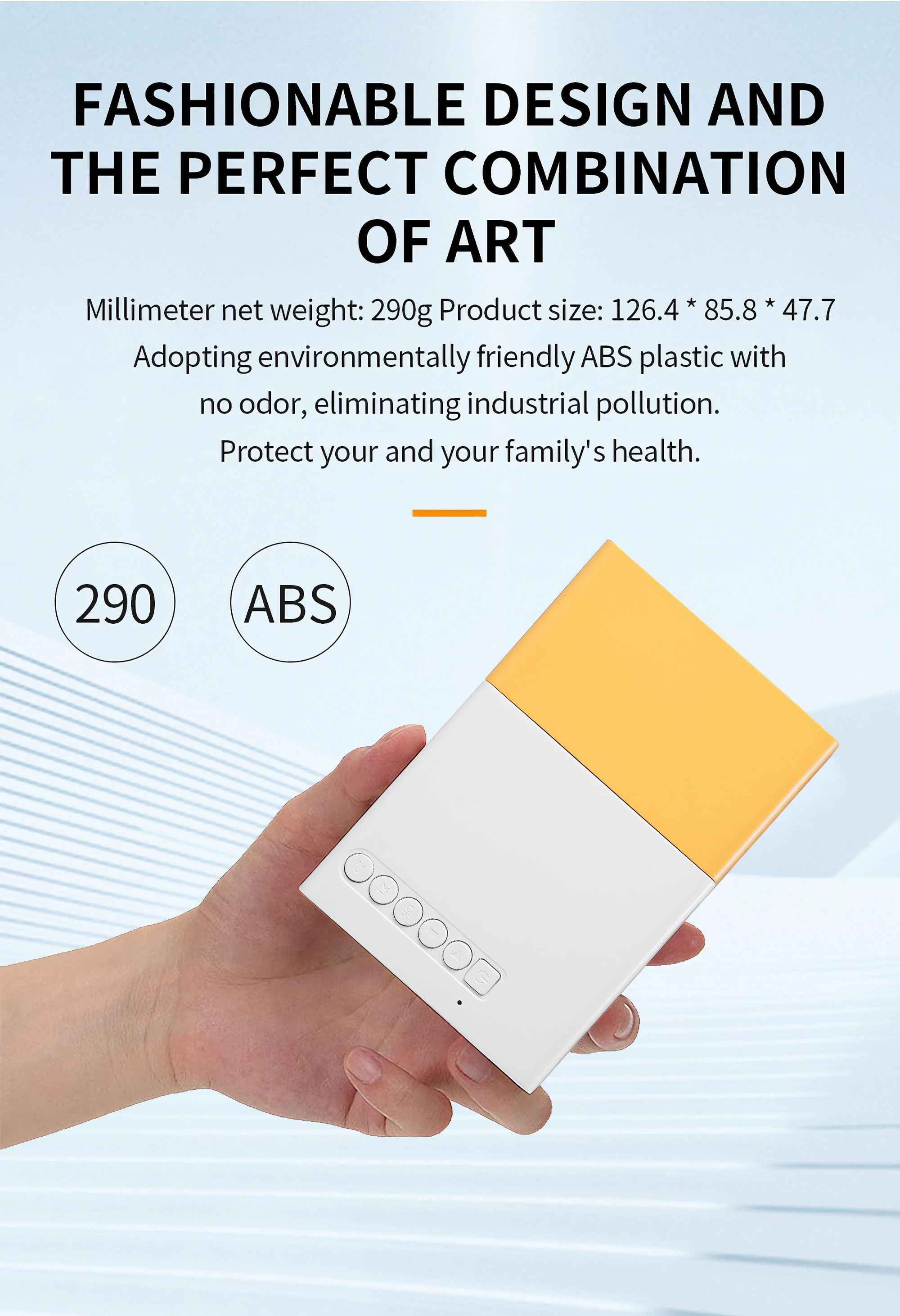 Eine Hand hält ein weiß-gelbes Gerät. Text wirbt für Design und umweltfreundlichen ABS-Kunststoff.
