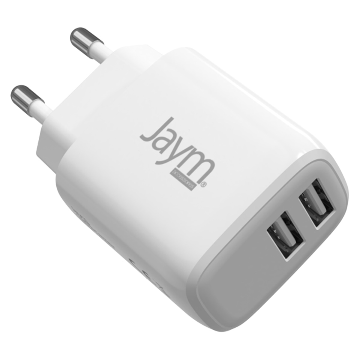Weißes Jaym USB-Ladegerät mit zwei Anschlüssen und zwei Metallstiften. Graue Akzente und Logo auf dem Ladegerät. Isoliert auf weißem Hintergrund.