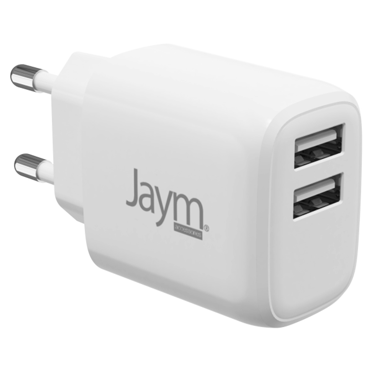 Weißes Jaym USB-Ladegerät mit zwei Anschlüssen. Es hat zwei silberne Stifte zum Einstecken in eine Steckdose.
