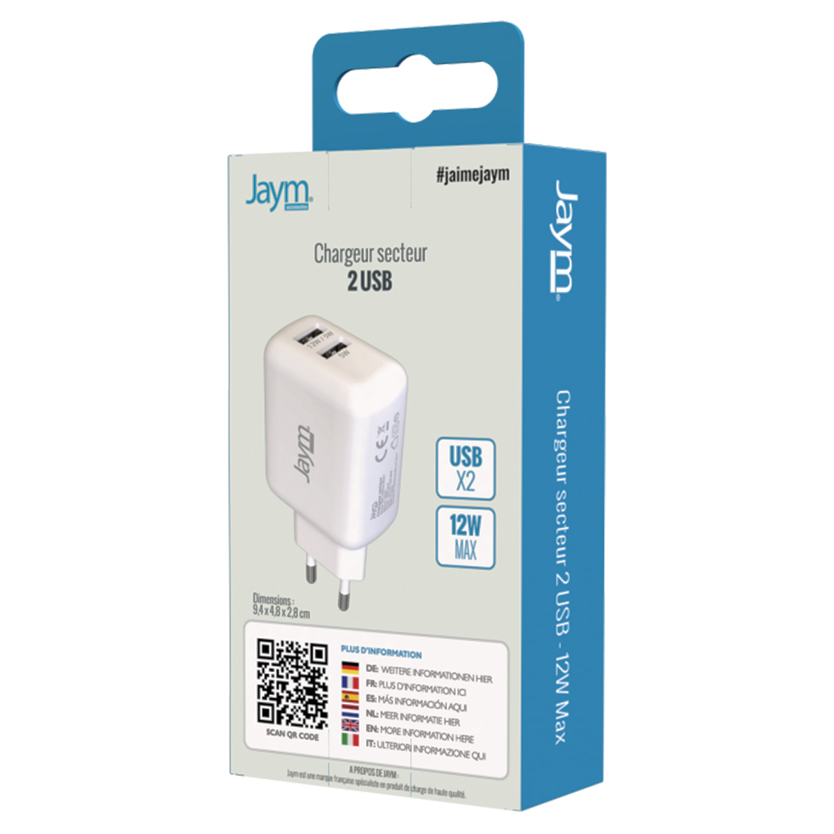 Ein weißes Jaym USB-Ladegerät mit zwei Anschlüssen wird auf einer Verpackung gezeigt. Der Text enthält 'Chargeur secteur 2 USB' und Spezifikationen.